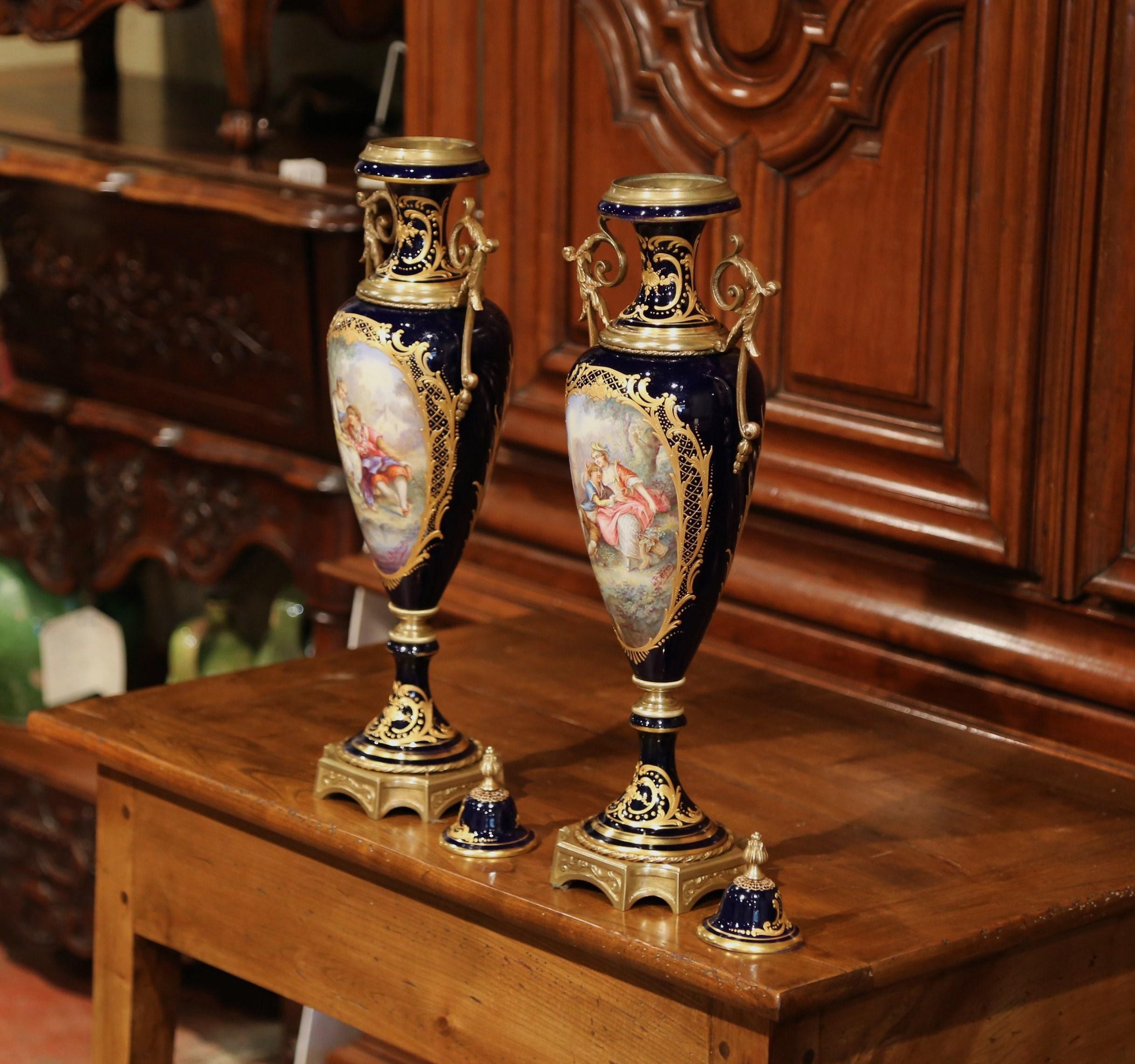 Pair of 19th Century French Blue Royal Porcelain Sevres Vases Signed L. Bertren 3