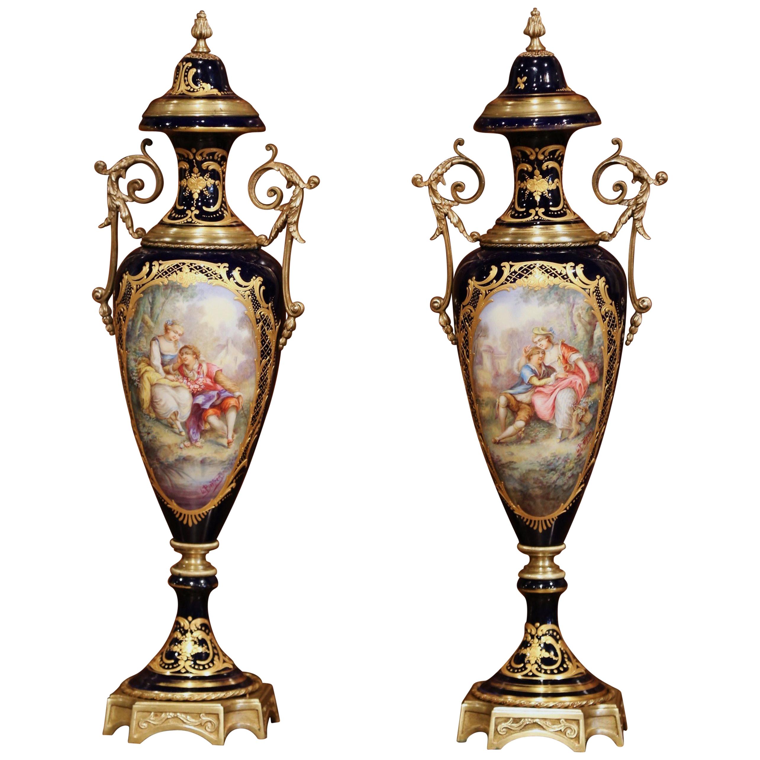 Pair of 19th Century French Blue Royal Porcelain Sevres Vases Signed L. Bertren