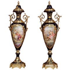 Pair of 19th Century French Blue Royal Porcelain Sevres Vases Signed L. Bertren