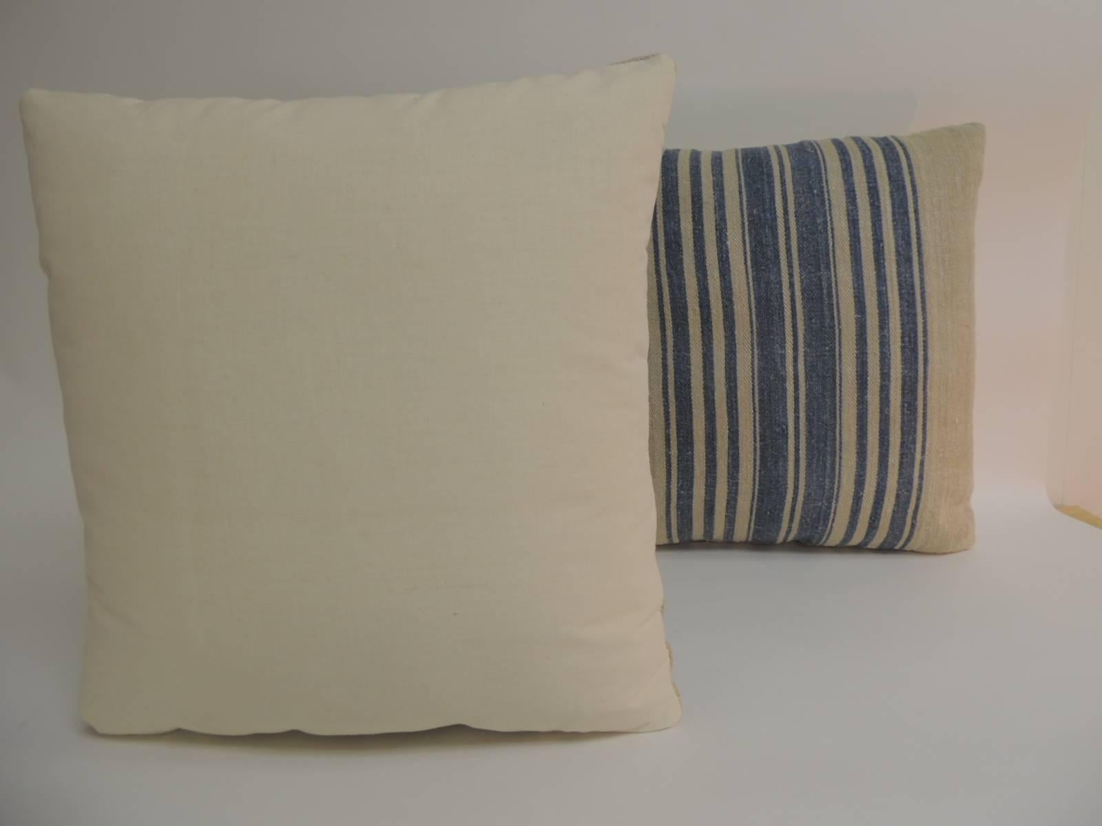 French Provincial Pair of French Blue and Natural Grain Sack Stripes Decorative Pillows