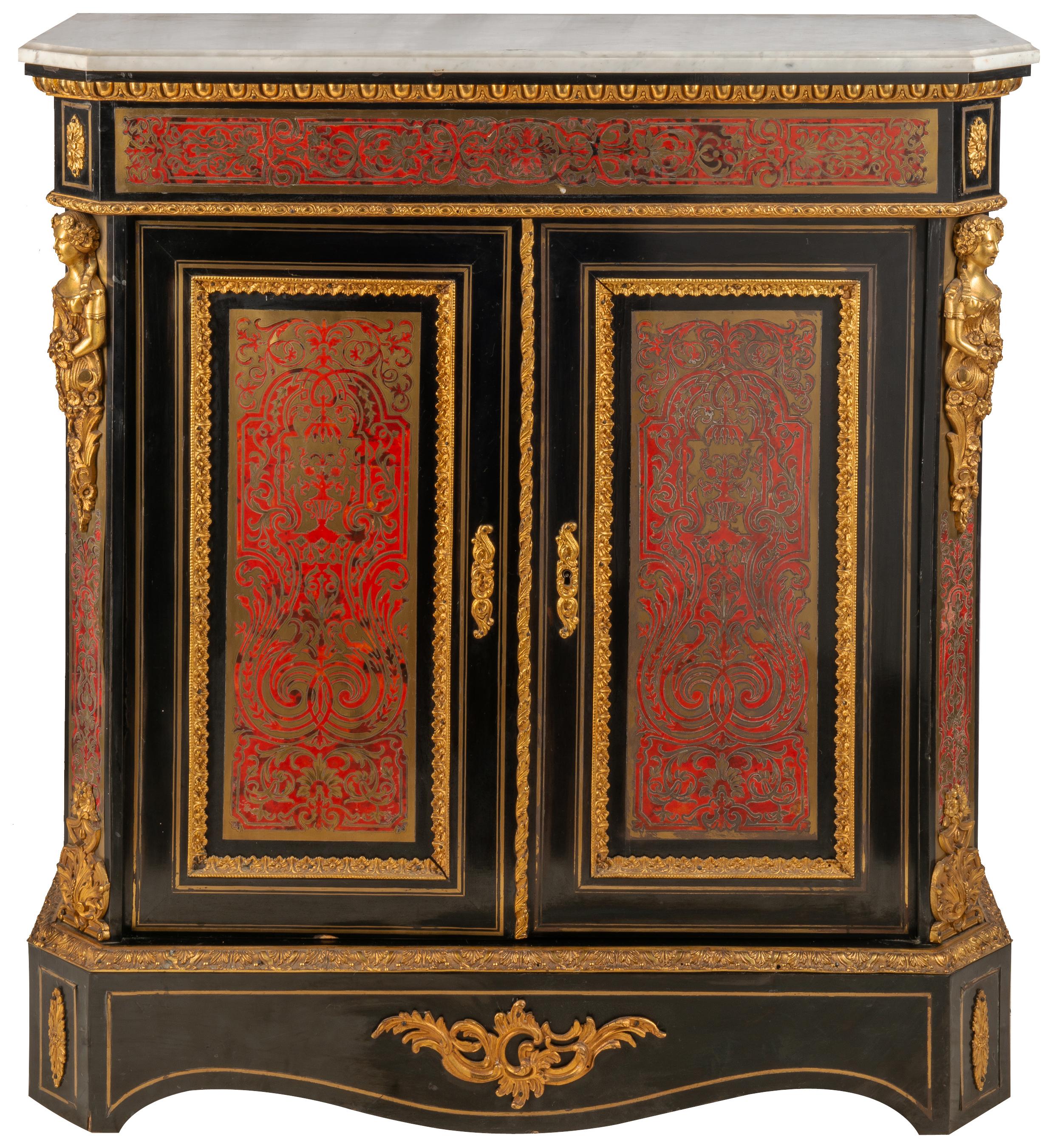 A very good quality pair of French late 19th century French Louis XVI style Boulle side cabinets, each with their original white marble tops, red colored tortoiseshell with Fine engraved scrolling classical brass inlaid decoration to the doors and