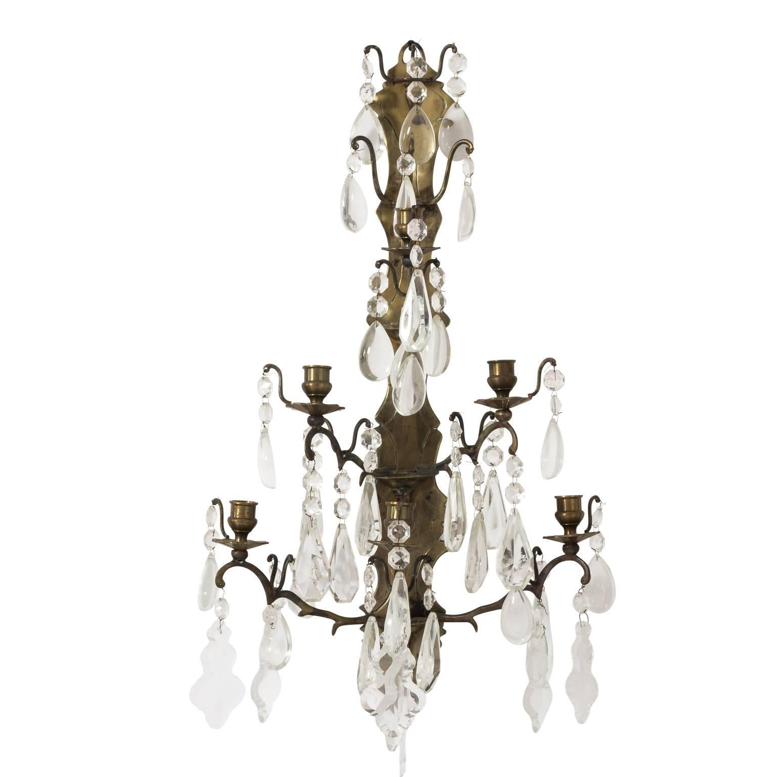 Pair of 19th Century French Brass and Crystal Sconces  8