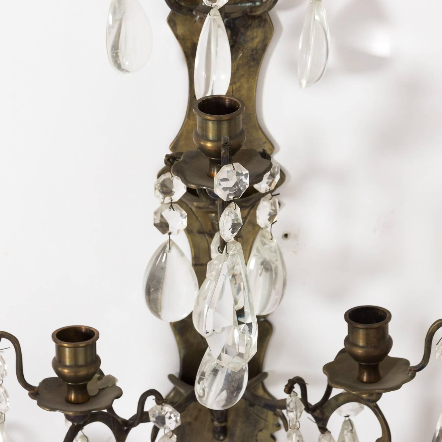 Pair of 19th Century French Brass and Crystal Sconces  9