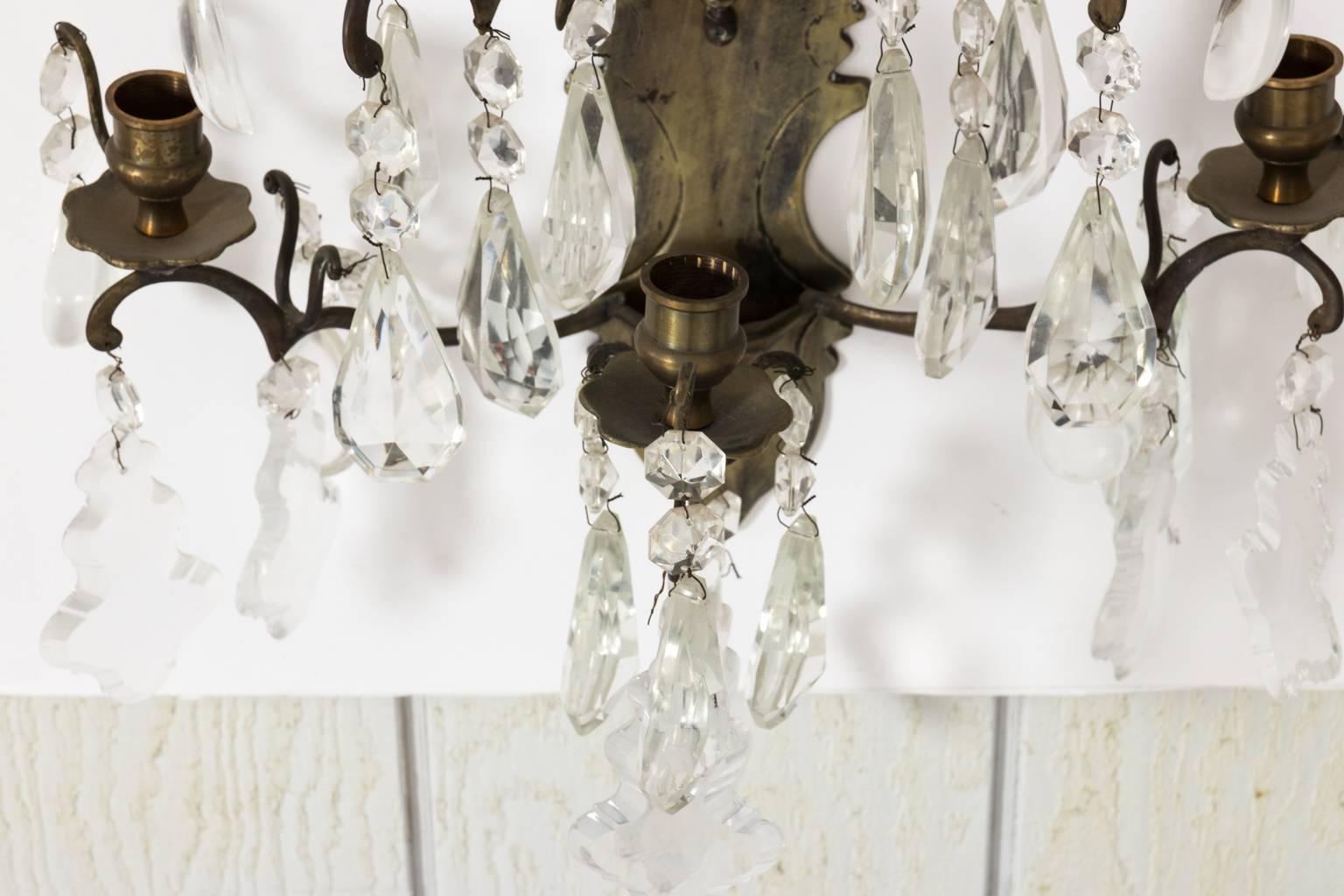 Pair of 19th Century French Brass and Crystal Sconces  11