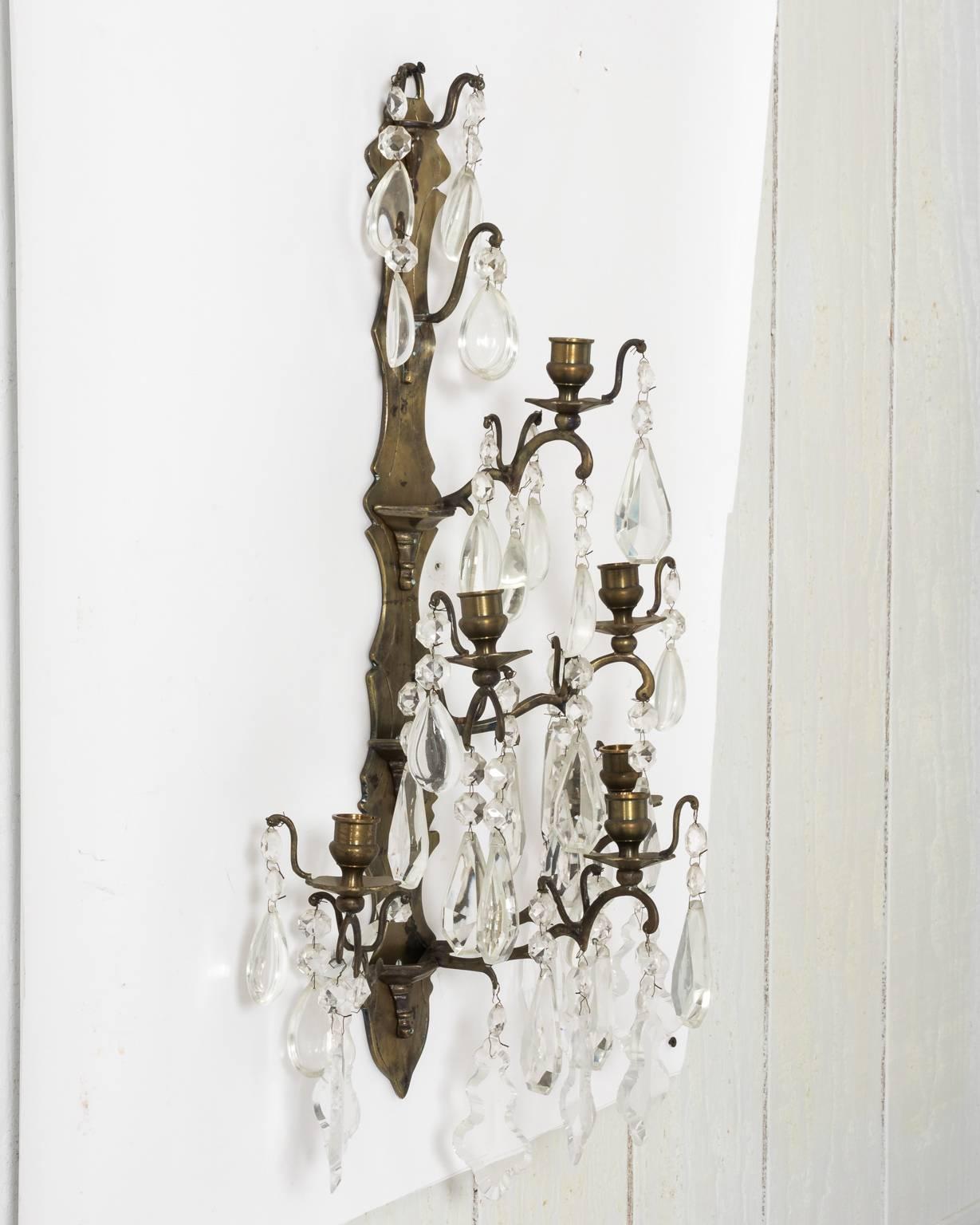 Pair of 19th Century French Brass and Crystal Sconces  14