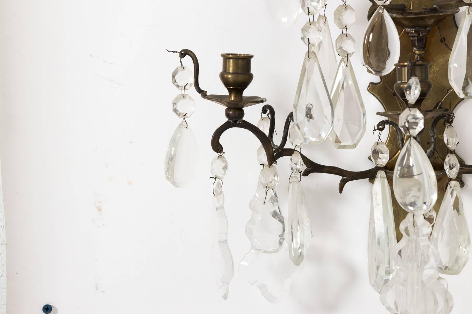 Pair of 19th Century French Brass and Crystal Sconces  In Good Condition In Stamford, CT