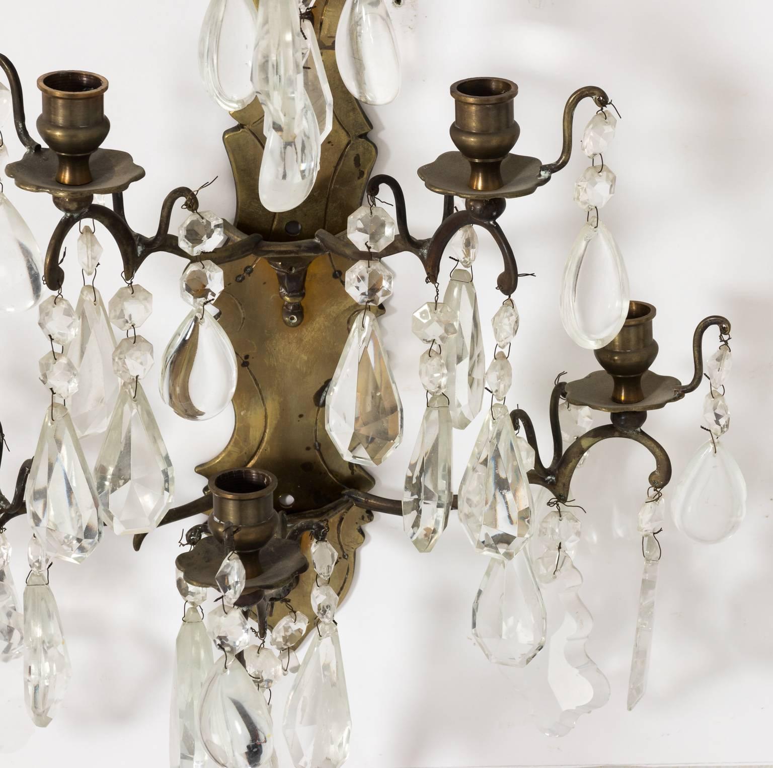 Pair of 19th Century French Brass and Crystal Sconces  3