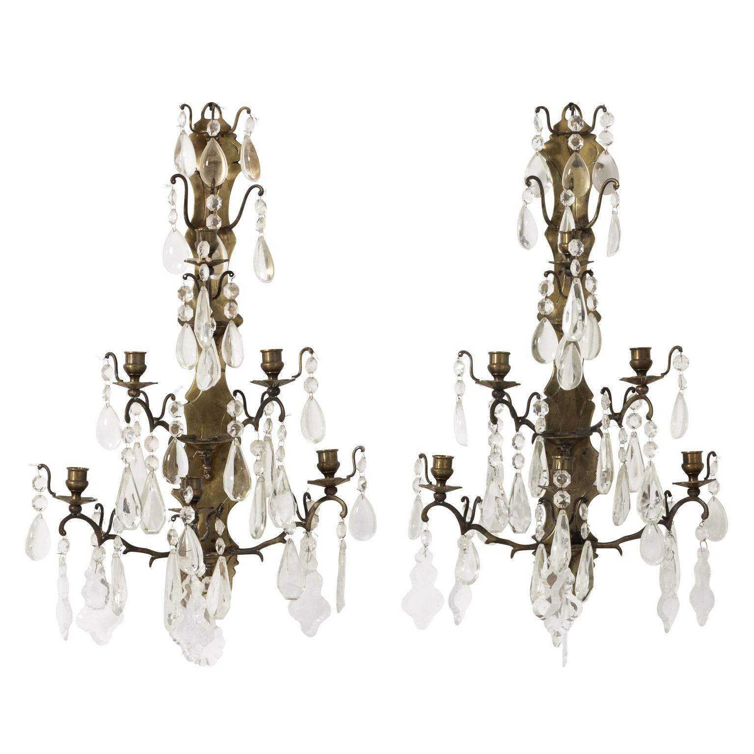 Pair of 19th Century French Brass and Crystal Sconces 