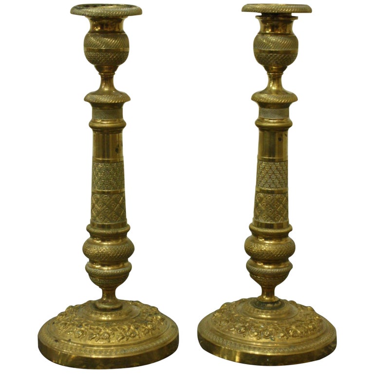 Pair of 19th Century French Brass Neoclassical Candlesticks For Sale