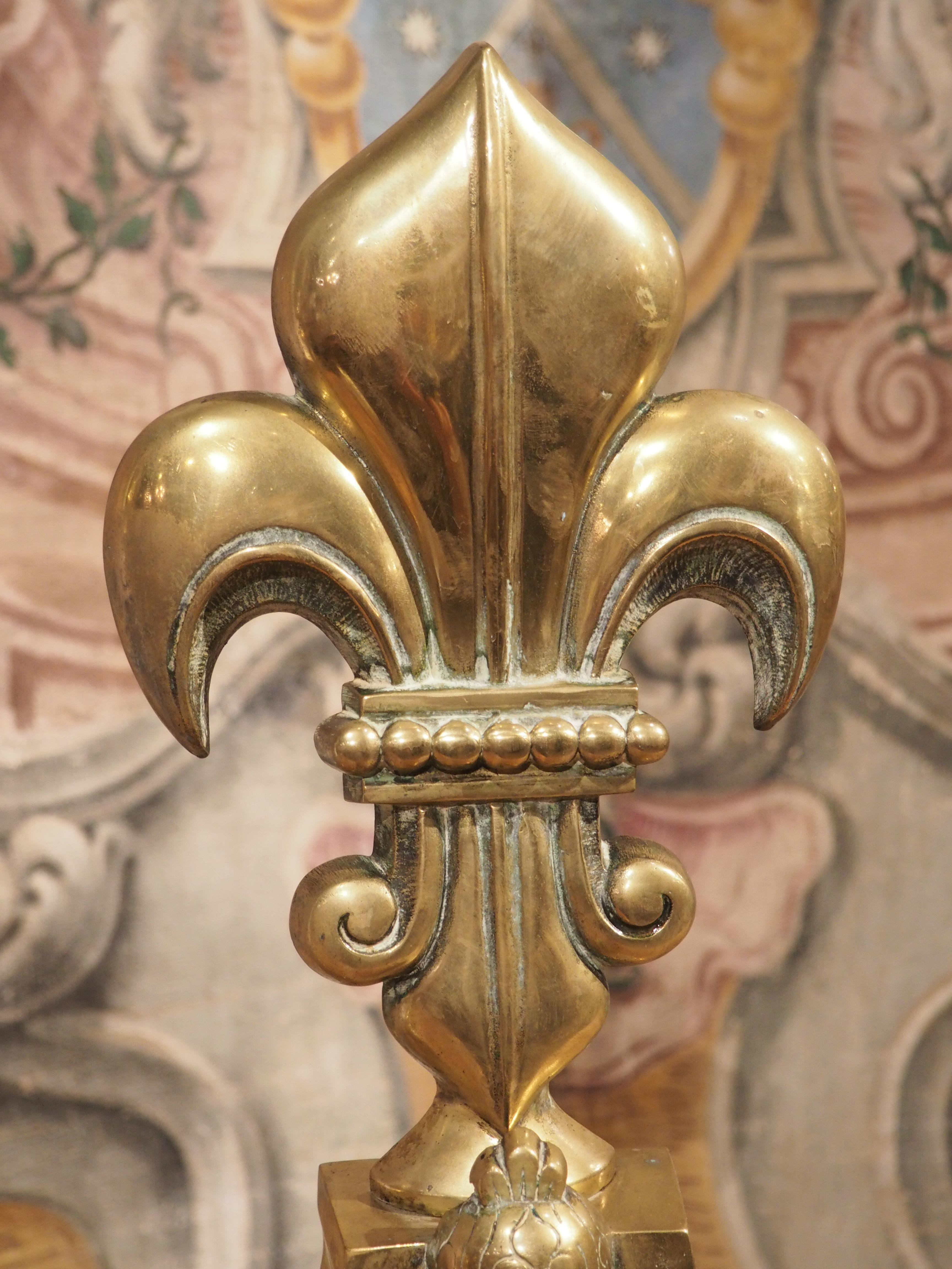 Louis XIV Pair of 19th Century French Brass Fleur De Lys Chenets