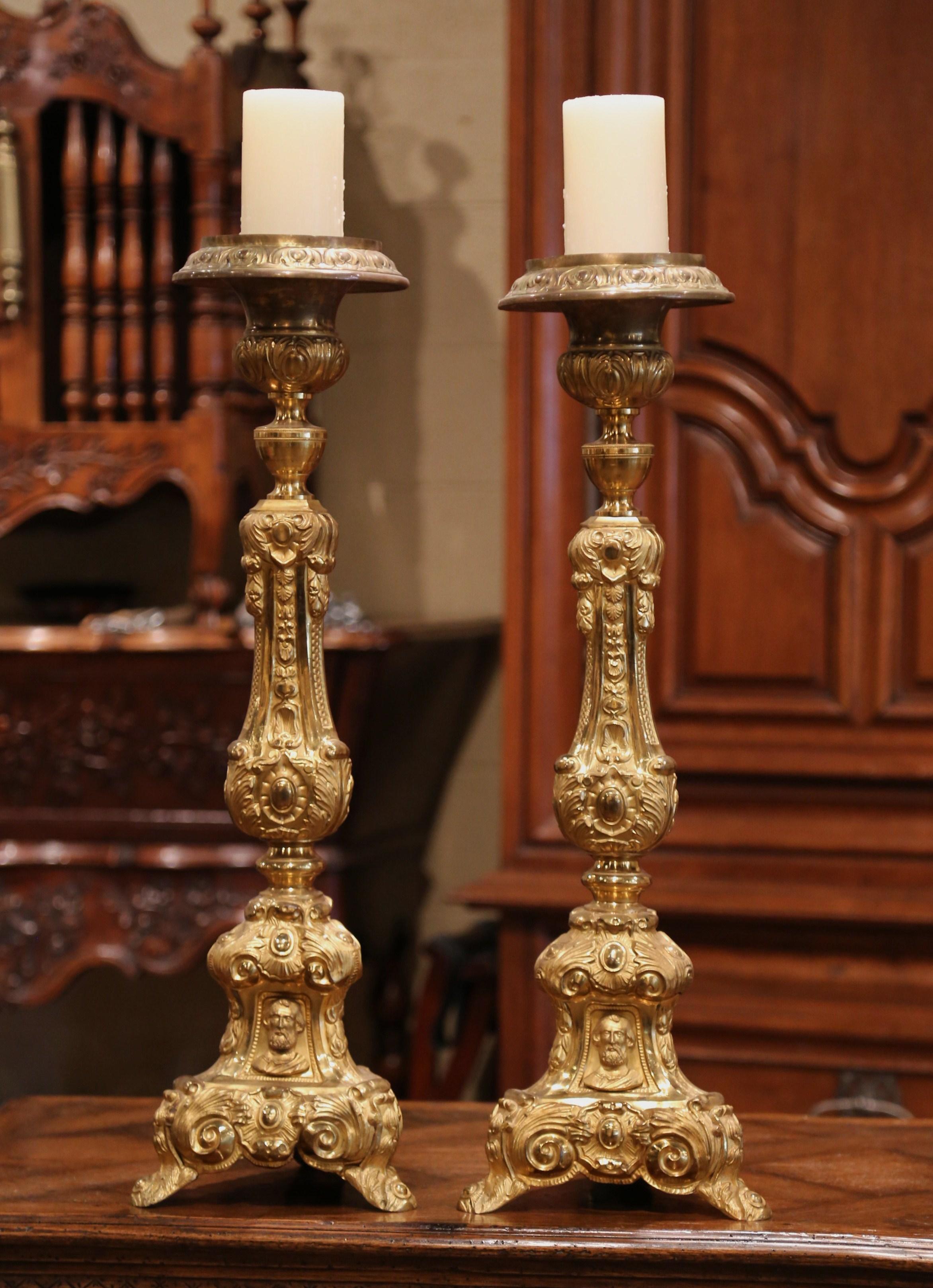 Hand-Crafted Pair of 19th Century French Brass Gilded Repousse Pic-Cierges Candleholders