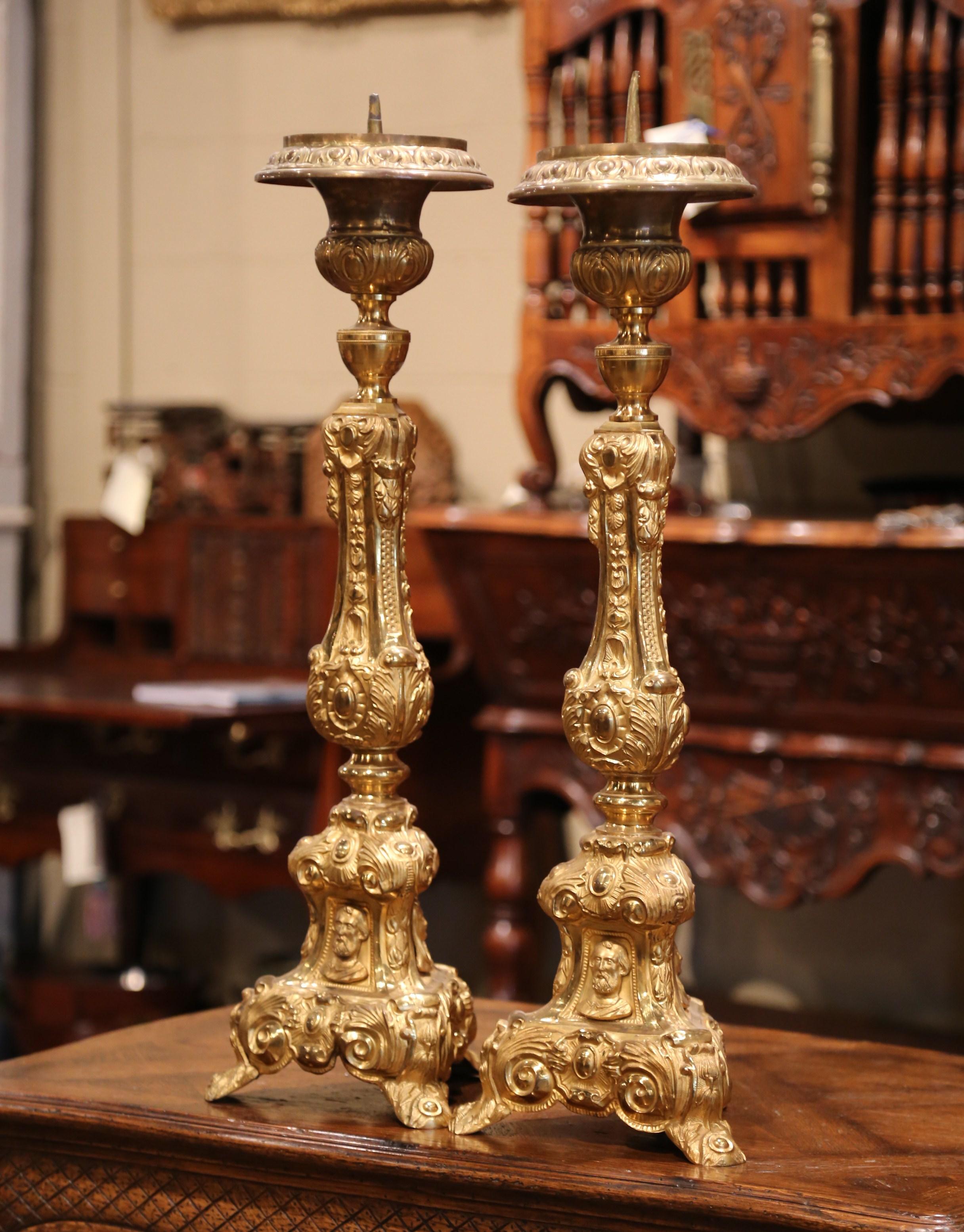 Pair of 19th Century French Brass Gilded Repousse Pic-Cierges Candleholders 1