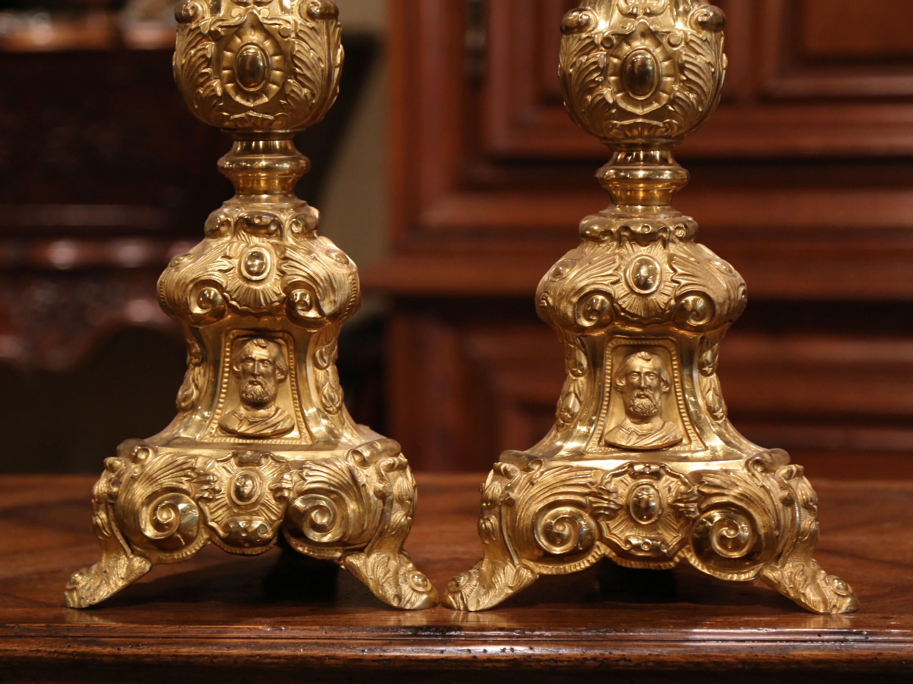 Pair of 19th Century French Brass Gilded Repousse Pic-Cierges Candleholders 2