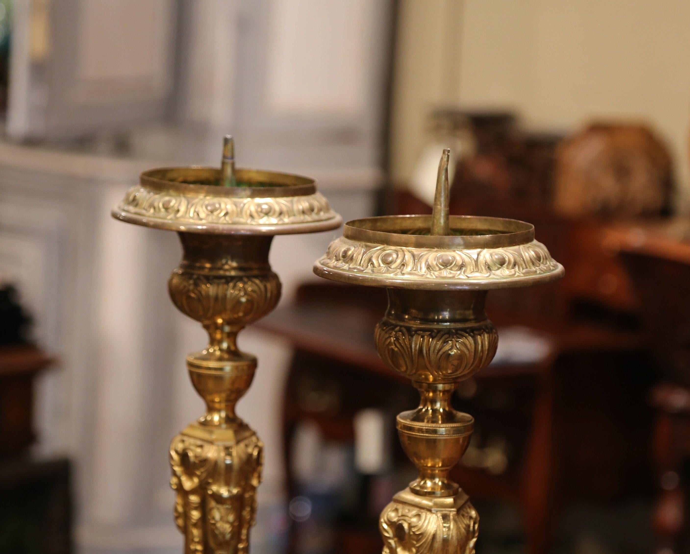 Pair of 19th Century French Brass Gilded Repousse Pic-Cierges Candleholders 3