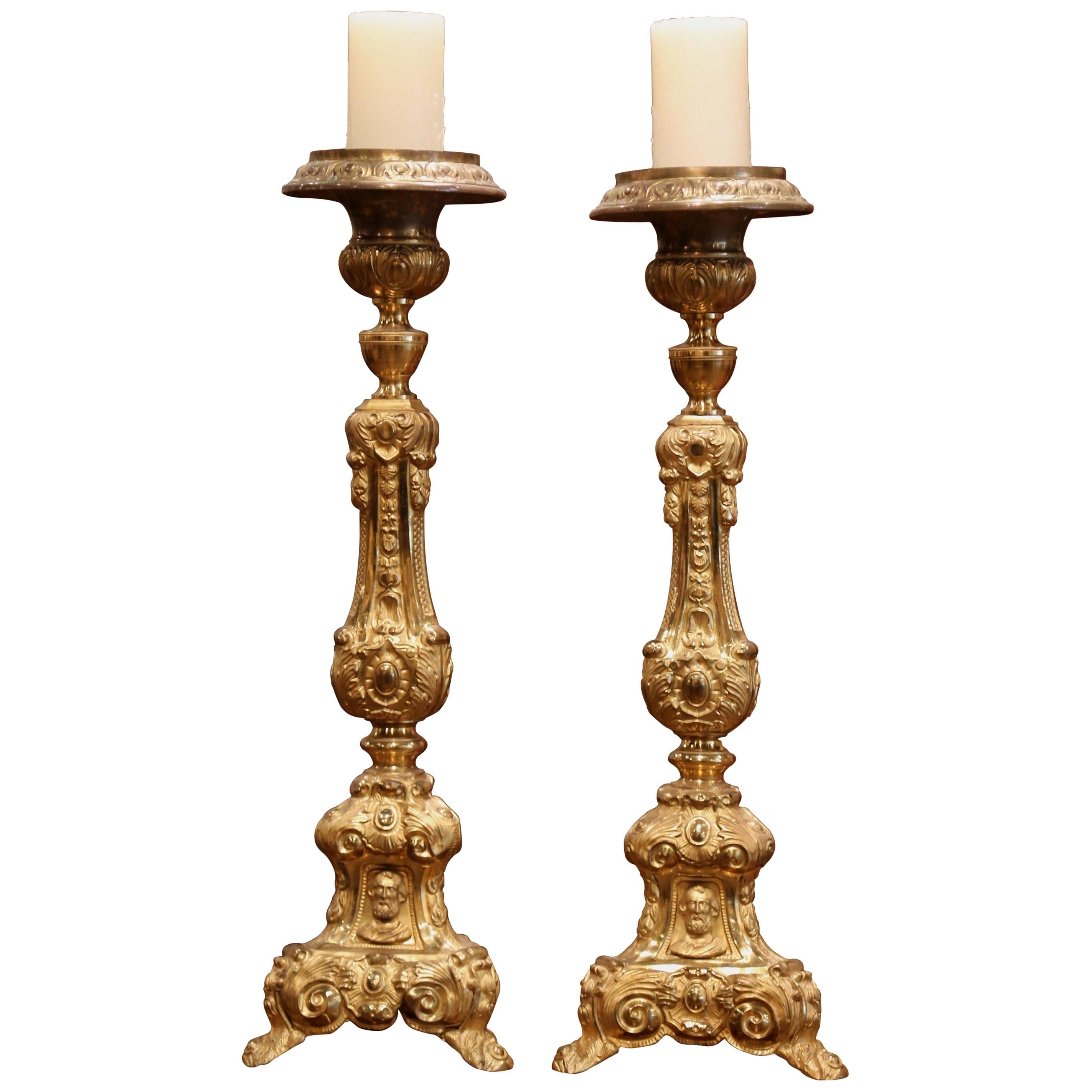Pair of 19th Century French Brass Gilded Repousse Pic-Cierges Candleholders