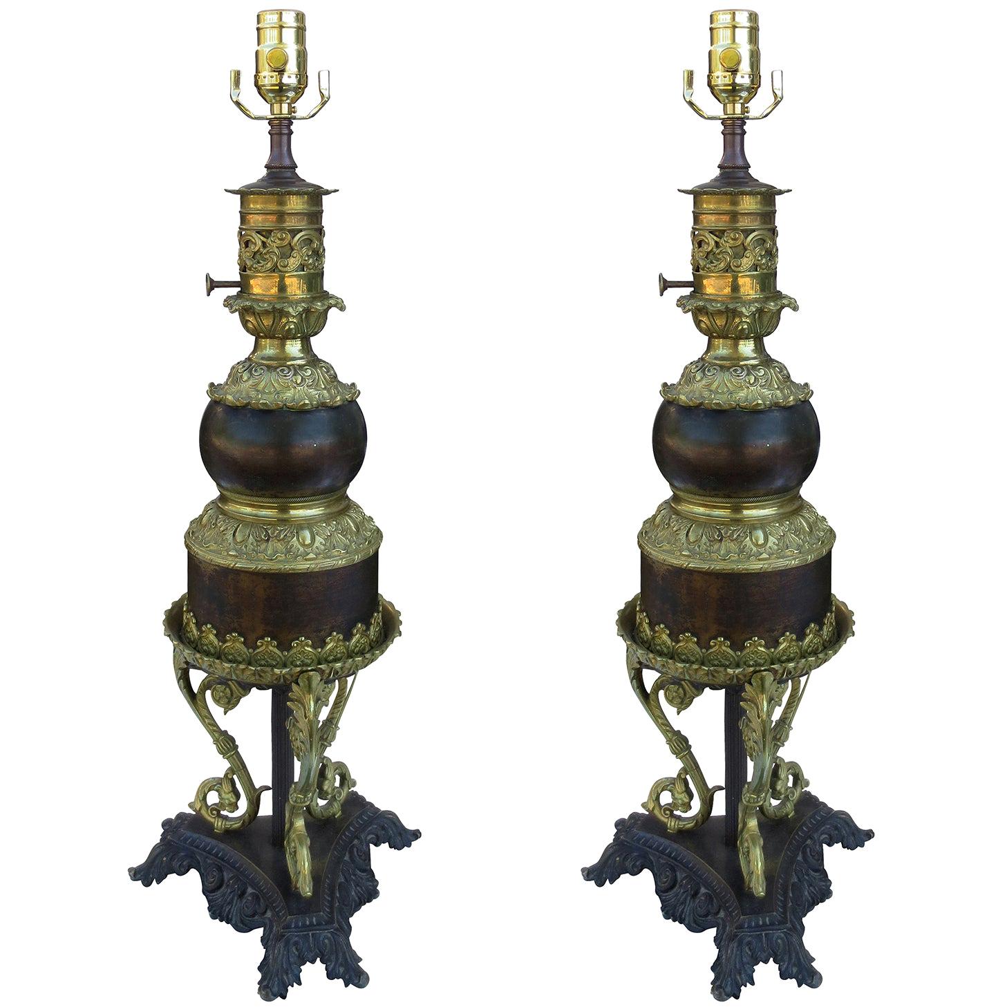 Pair of 19th Century French Brass Oil Lamps Stamped Bentejac, Bordeaux For Sale