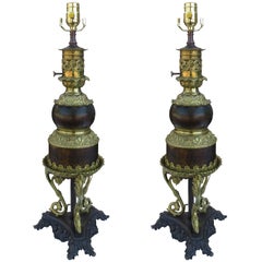 Pair of 19th Century French Brass Oil Lamps Stamped Bentejac, Bordeaux