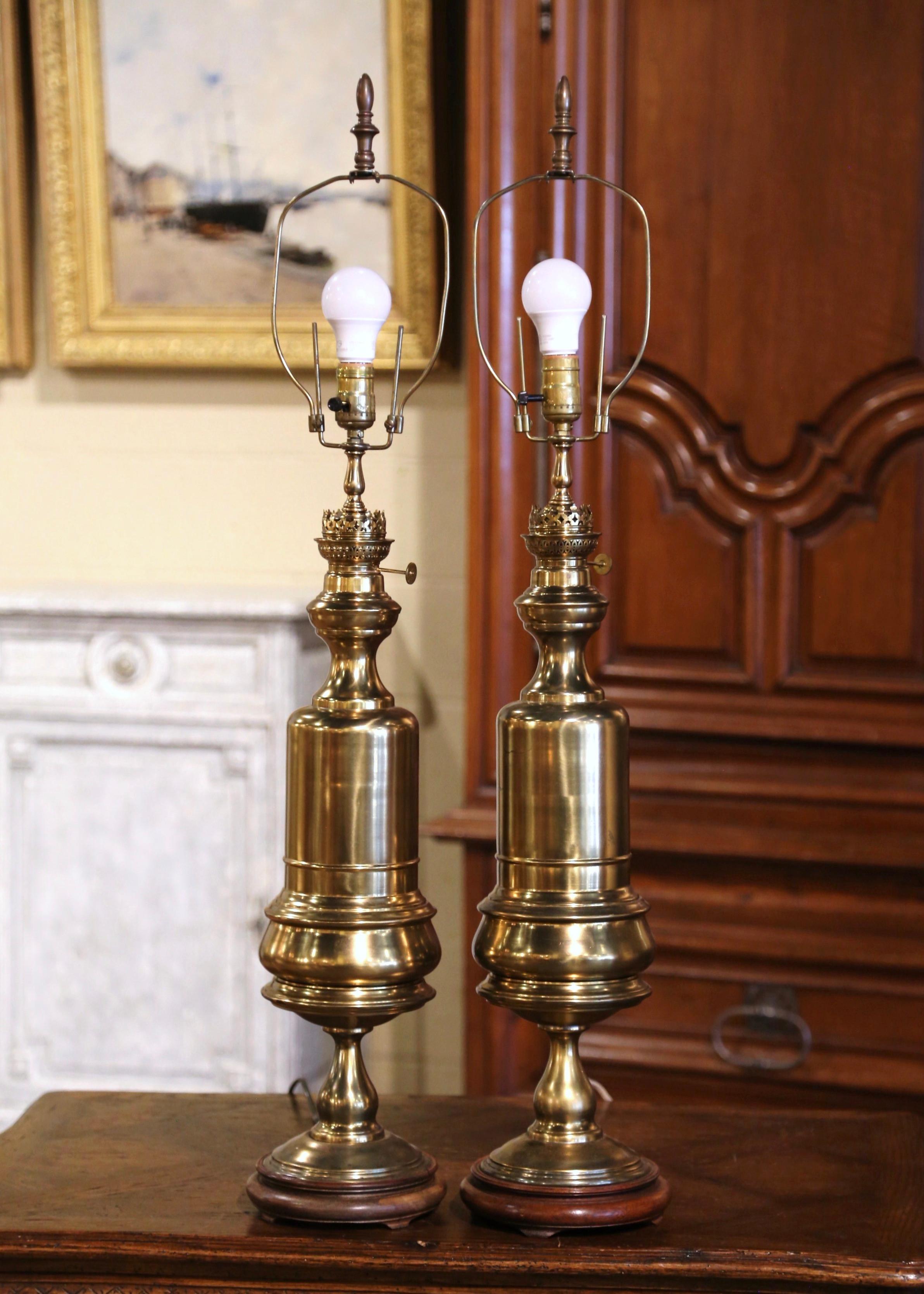 These elegant antique oil lamps made into table lights were crafted in France, circa 1880. The tall 