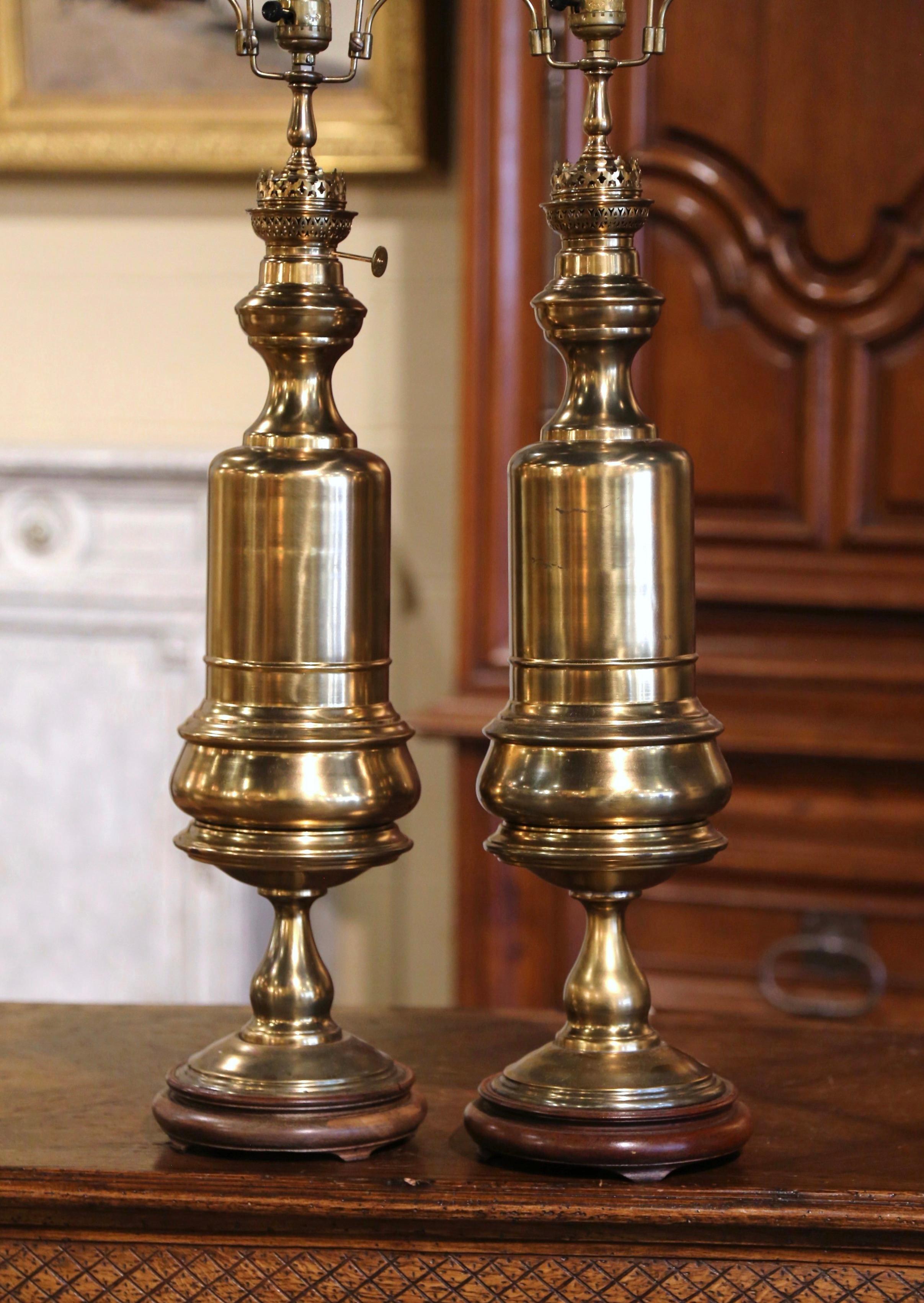 Napoleon III Pair of 19th Century French Brass Oil Table Lamps on Wooden Bases