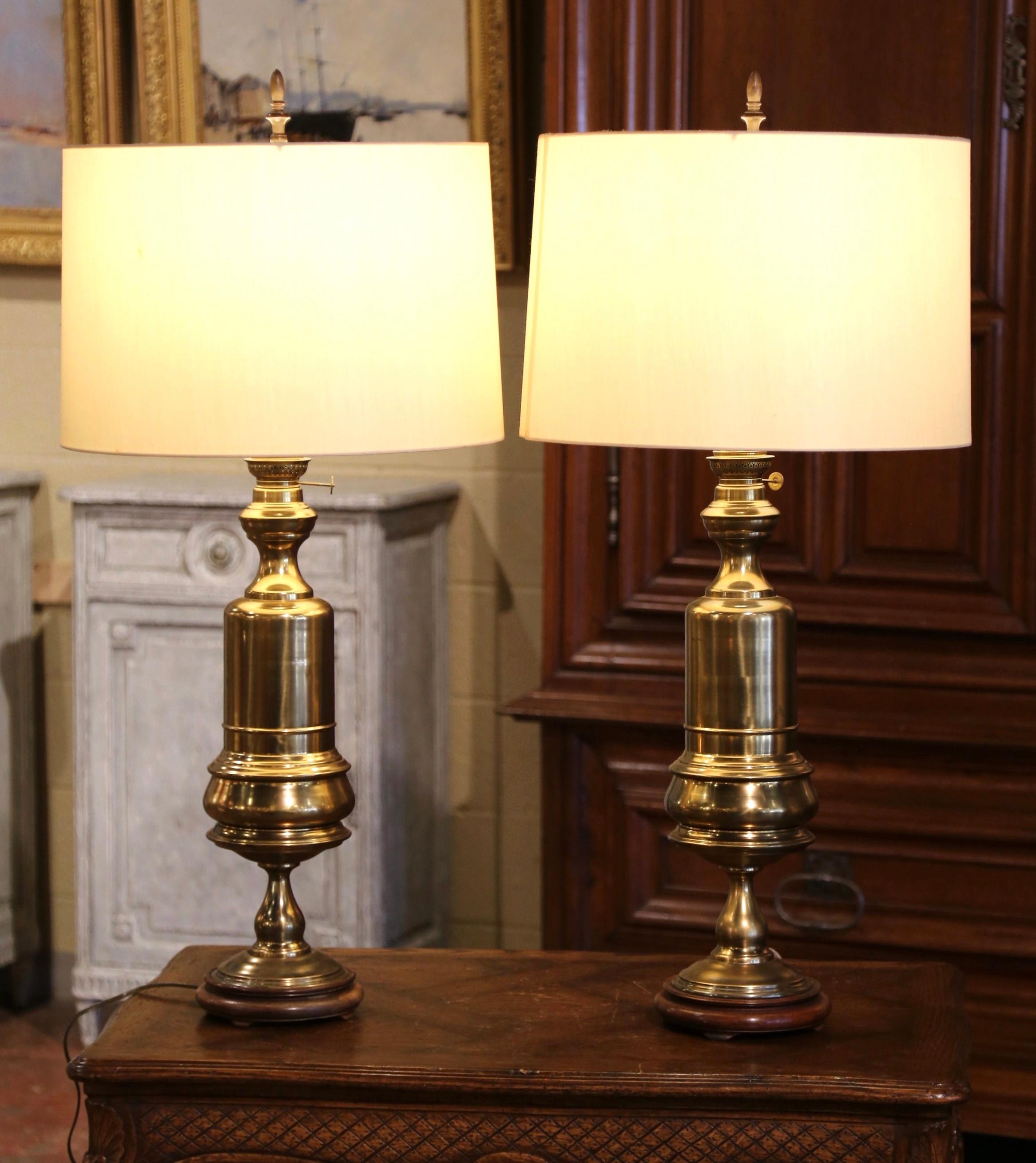 Pair of 19th Century French Brass Oil Table Lamps on Wooden Bases 2