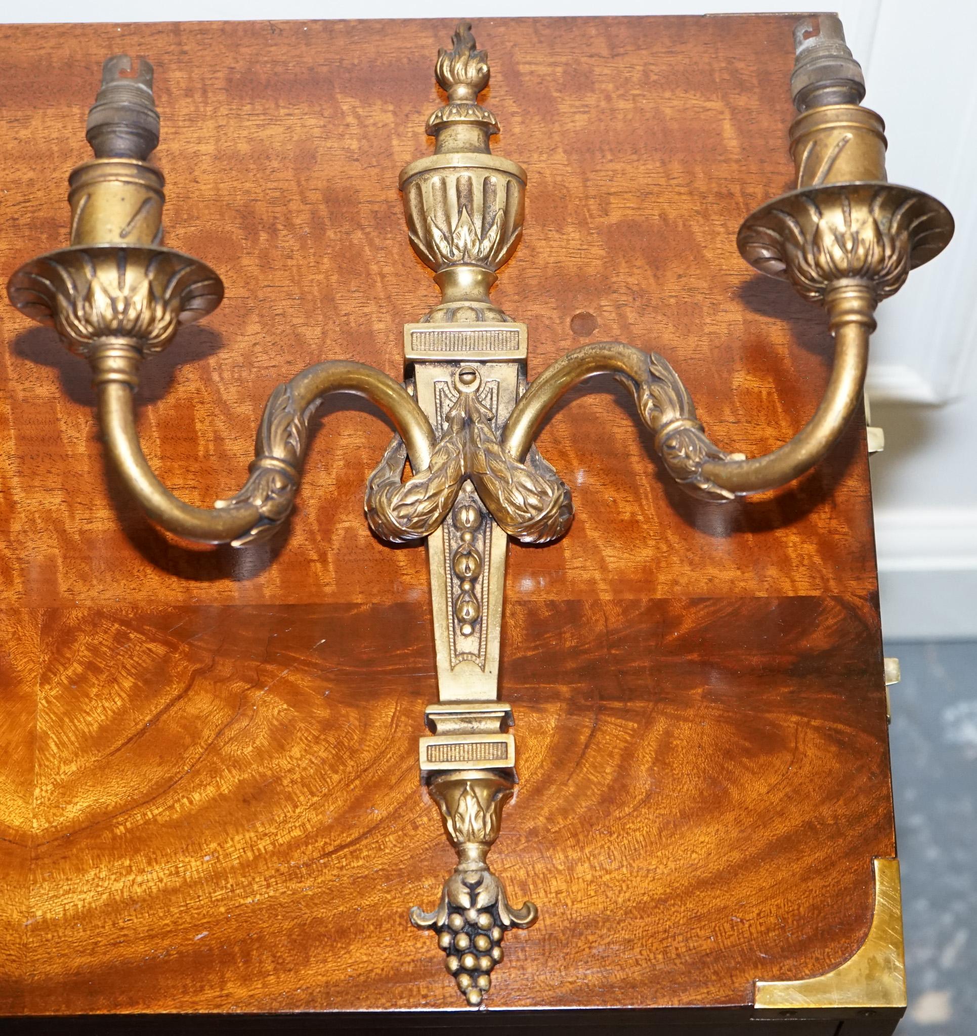 Hand-Crafted PAIR OF 19TH CENTURY FRENCH BRASS SCONCES TWO BRANCHES WALL LiGHTS For Sale