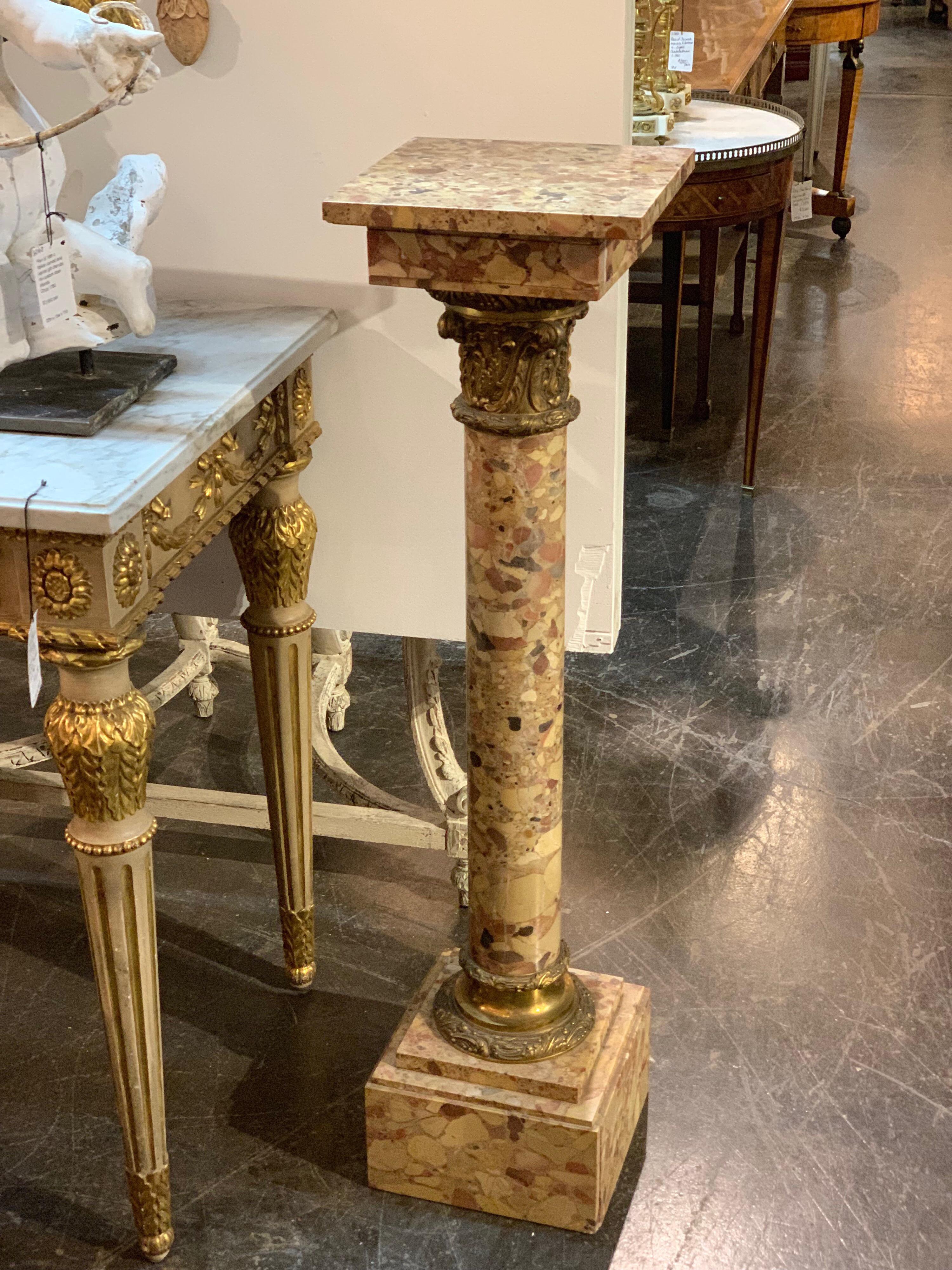 Pair of 19th Century French Breccia Marble Pedestals with Bronze Mounts 1
