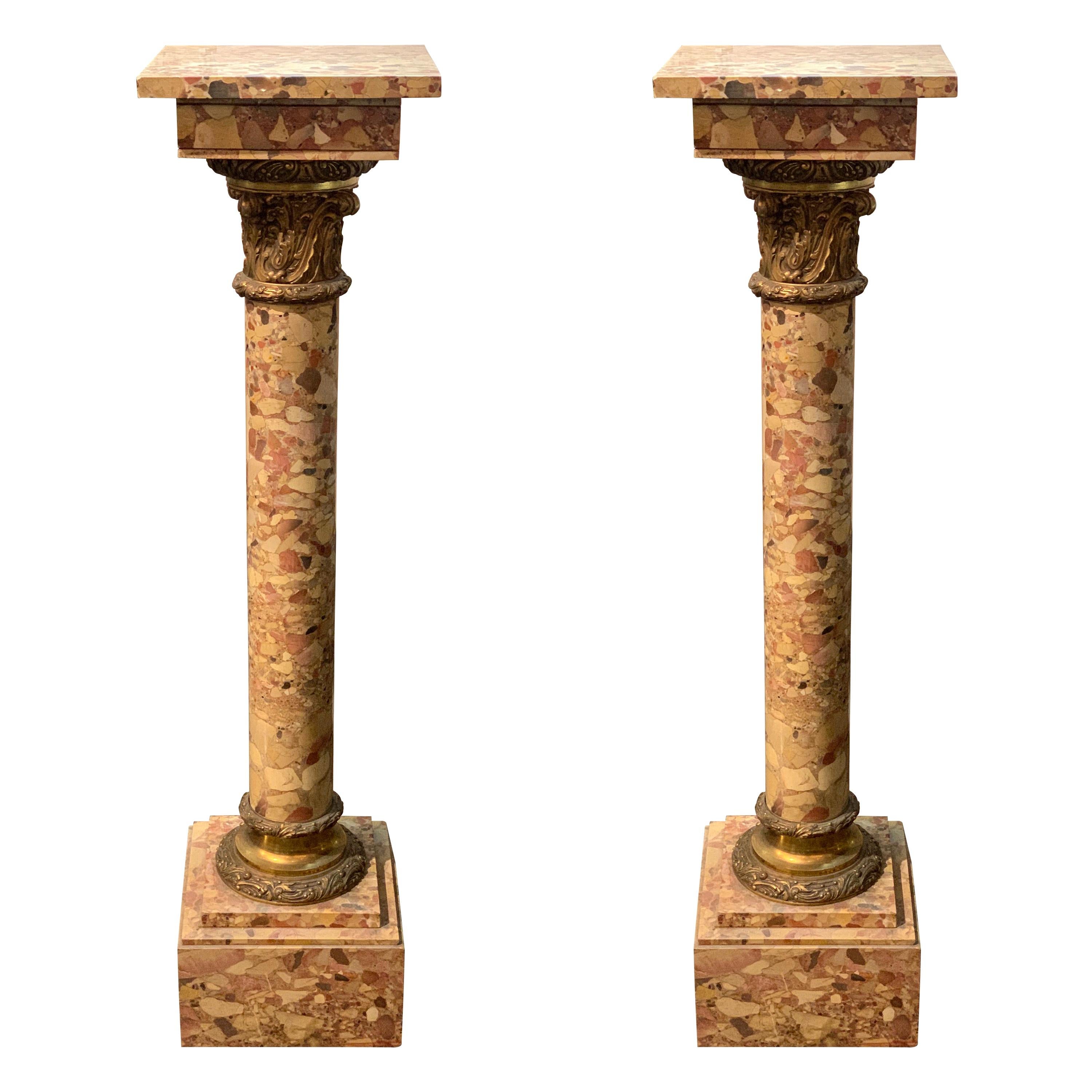 Pair of 19th Century French Breccia Marble Pedestals with Bronze Mounts