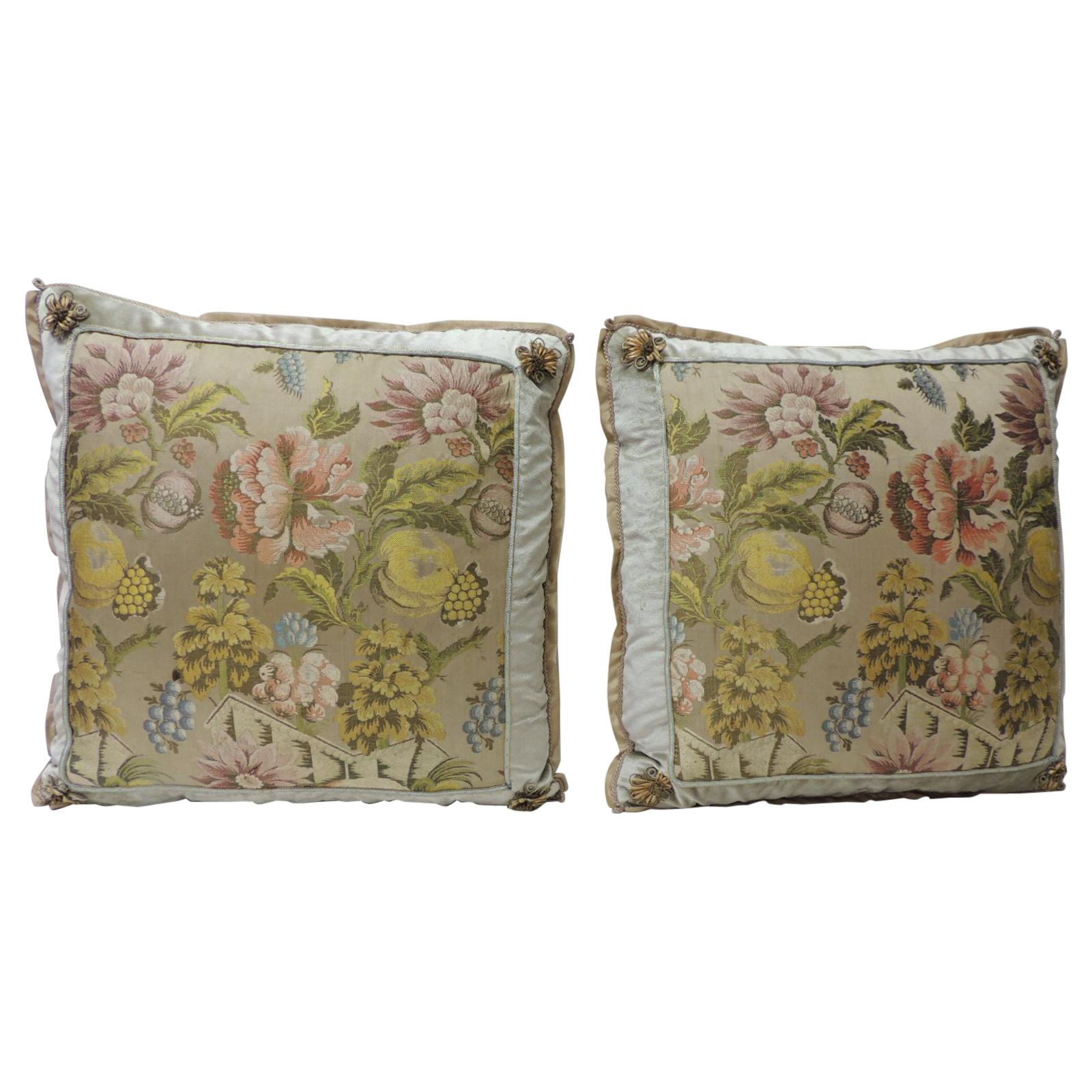 Pair of Green and Pink Antique French Brocade Floral Decorative Pillows For Sale