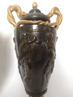 Pair of 19th Century French Bronze and Gilt Serpent Handle Vases