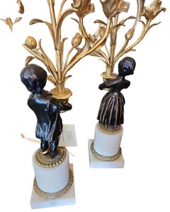 Pair of 19th Century French Bronze and Marble Figural Candelabras