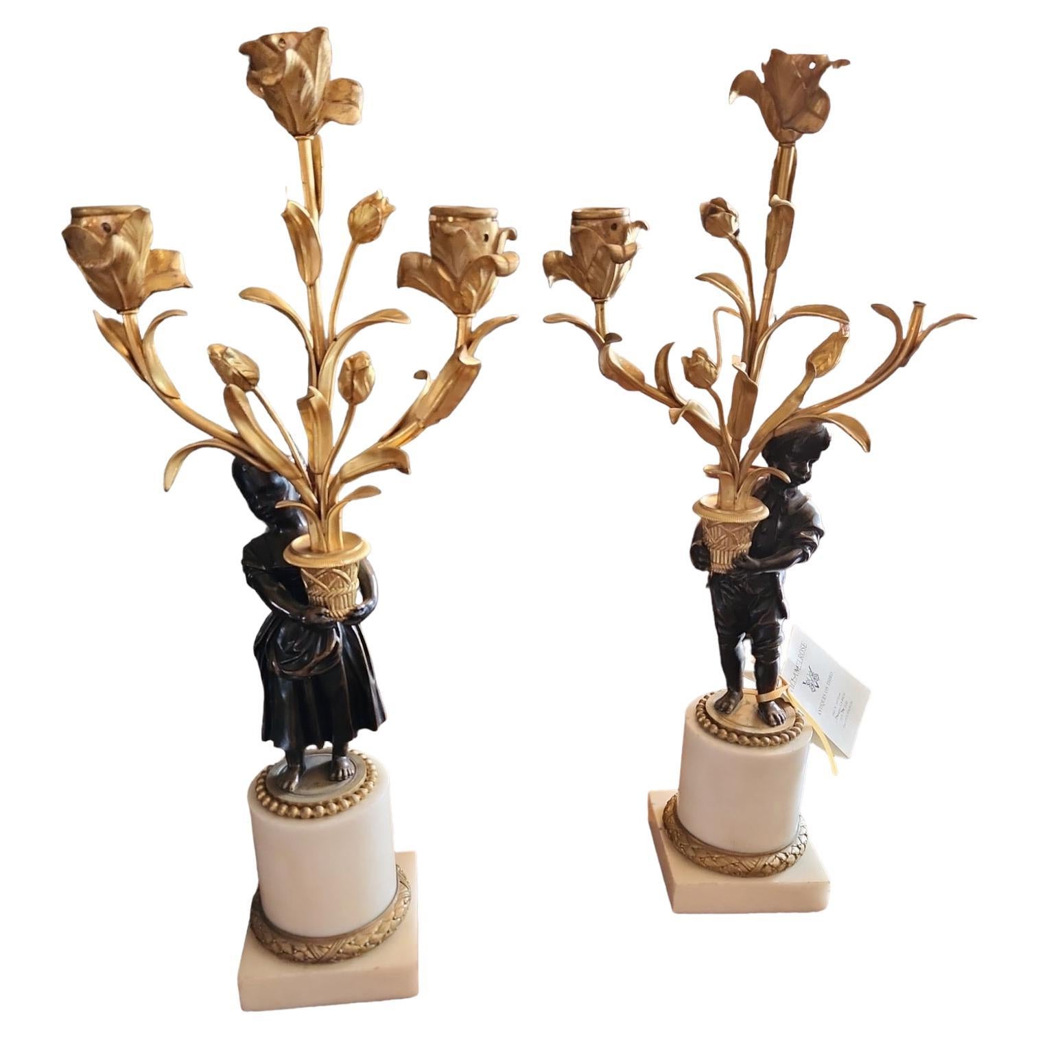 Pair of 19th Century French Bronze and Marble Figural Candelabras For Sale