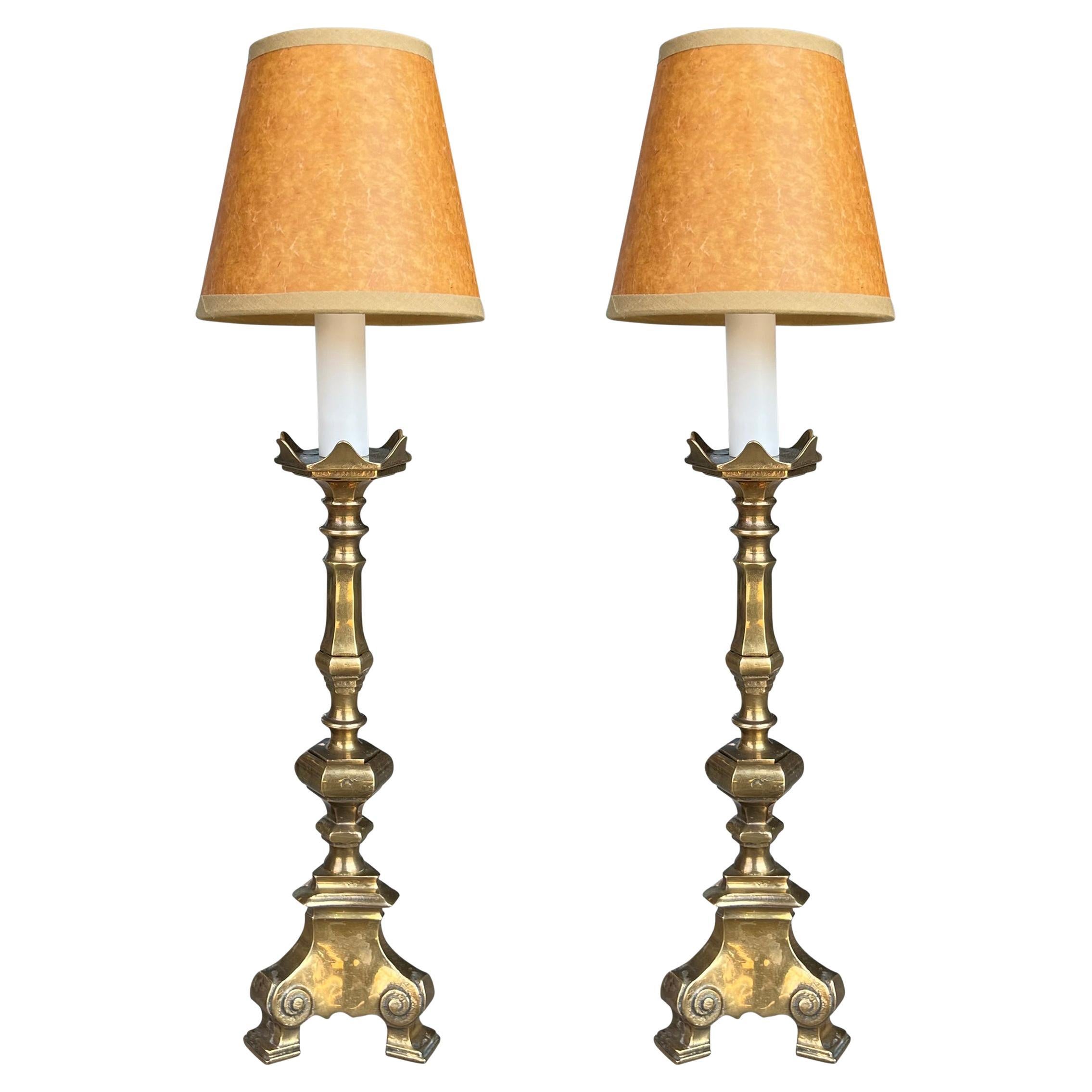 Pair of 19th Century French Bronze Candlestick Lamps For Sale