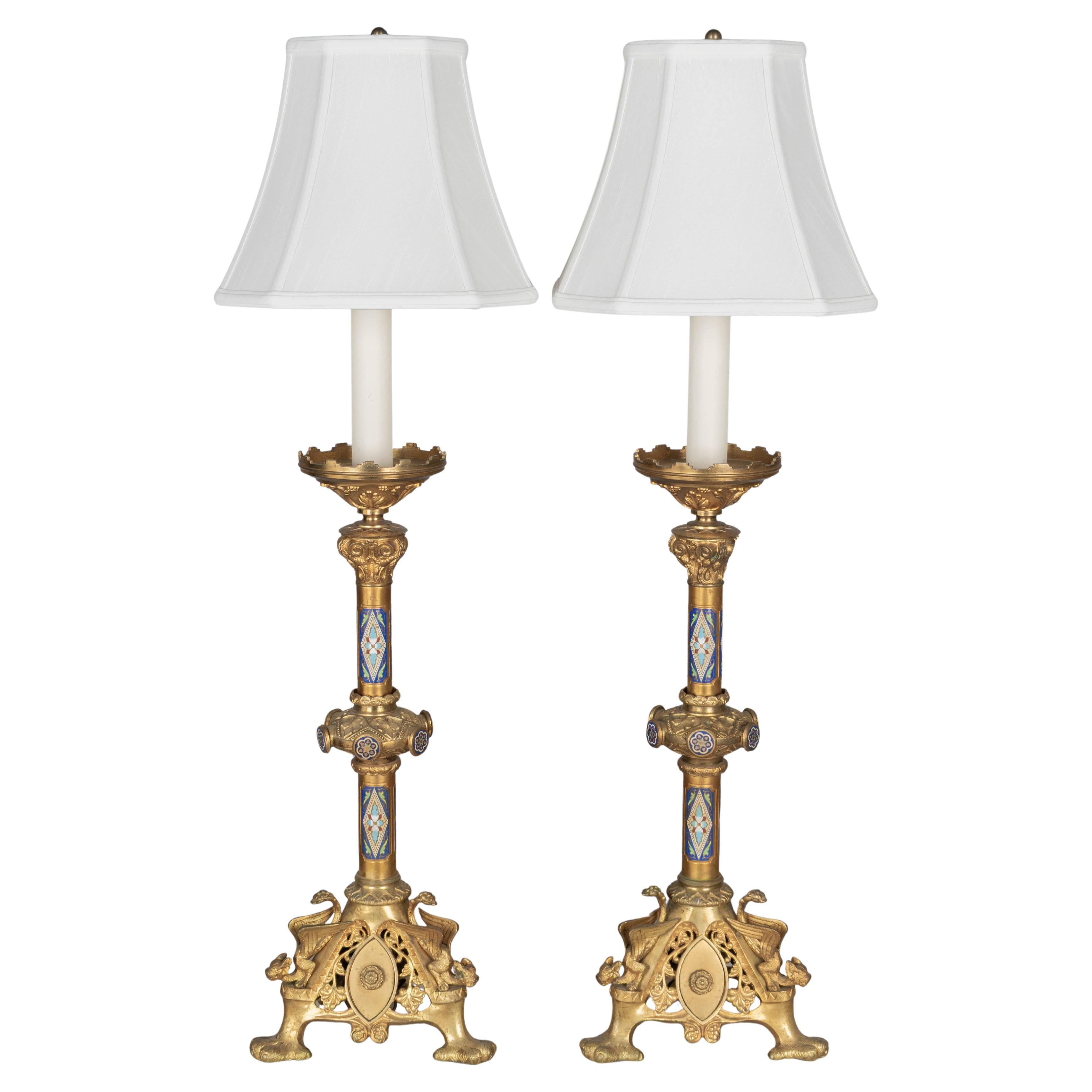 Pair of 19th Century French Bronze Candlestick Lamps