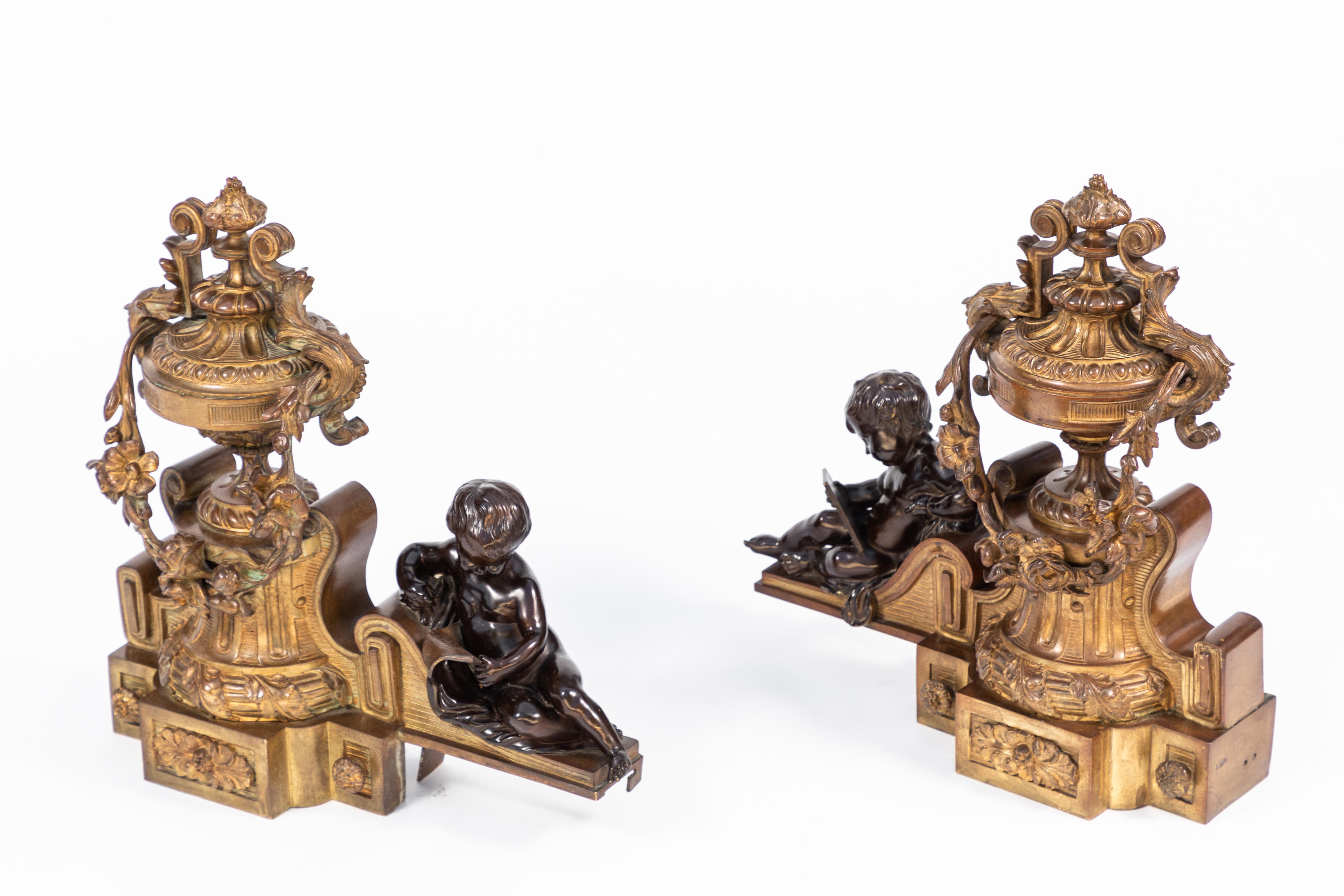 Hand-Crafted Pair of 19th Century French Bronze Chenets For Sale
