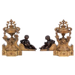 Paar französische Bronze- Chenets aus dem 19. Jahrhundert