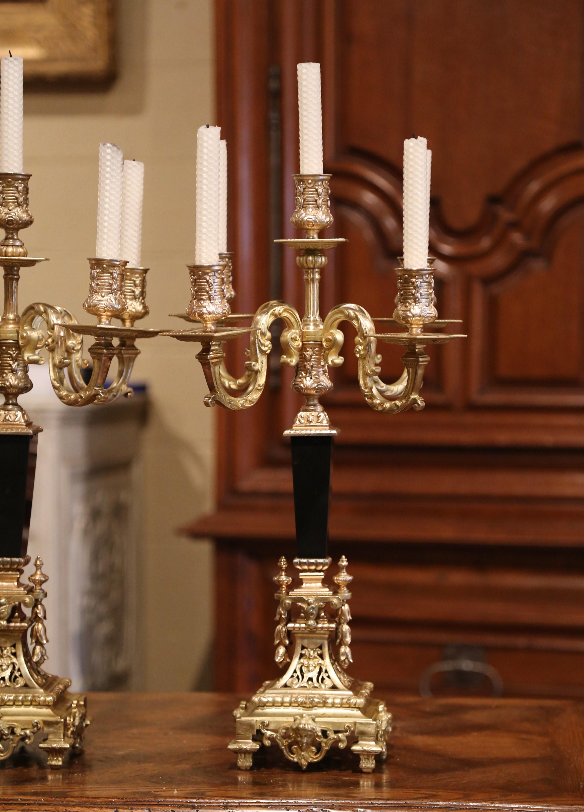 Pair of 19th Century French Bronze Dore and Black Marble Five-Arm Candelabras 5