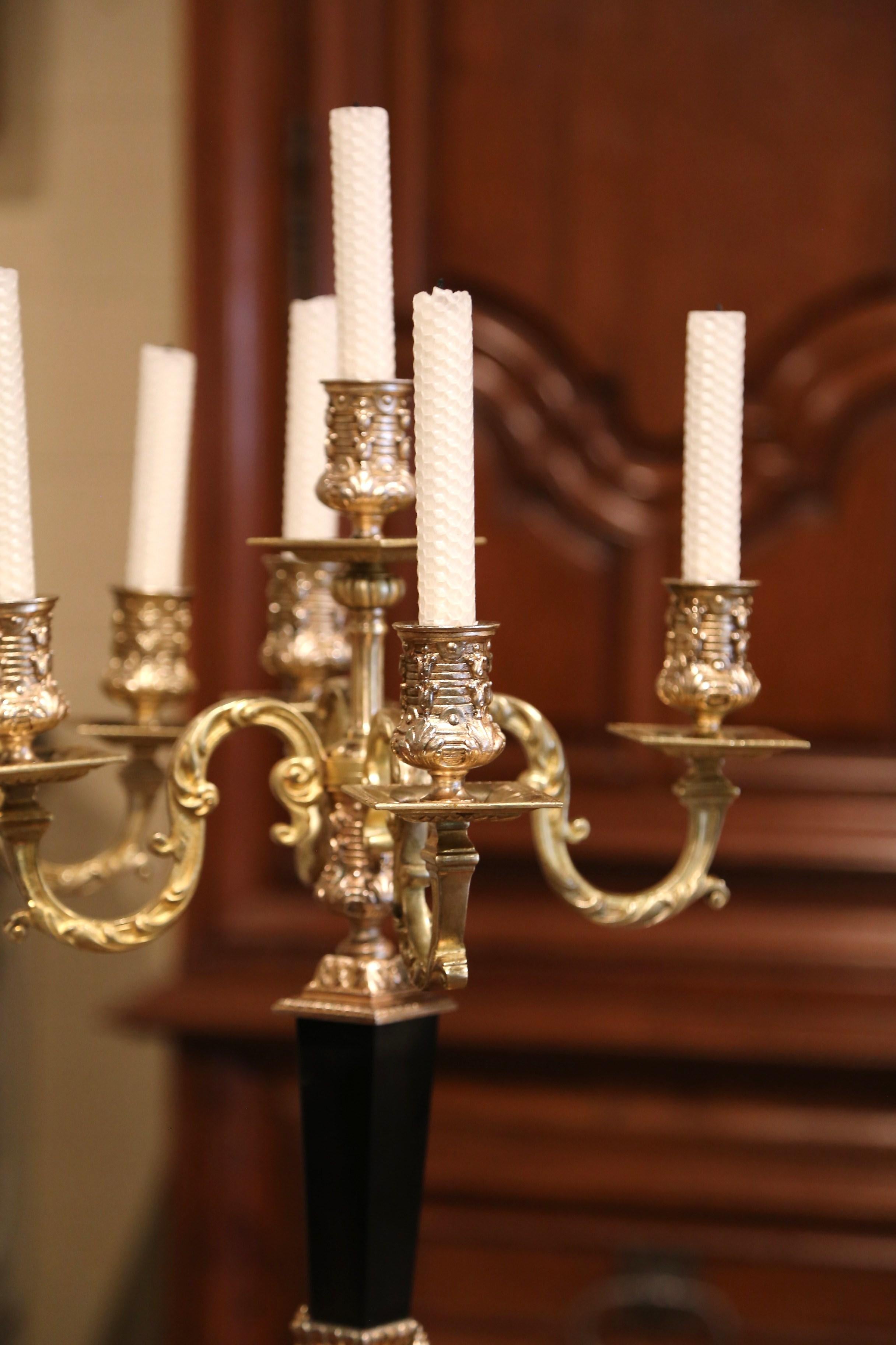 Pair of 19th Century French Bronze Dore and Black Marble Five-Arm Candelabras 6