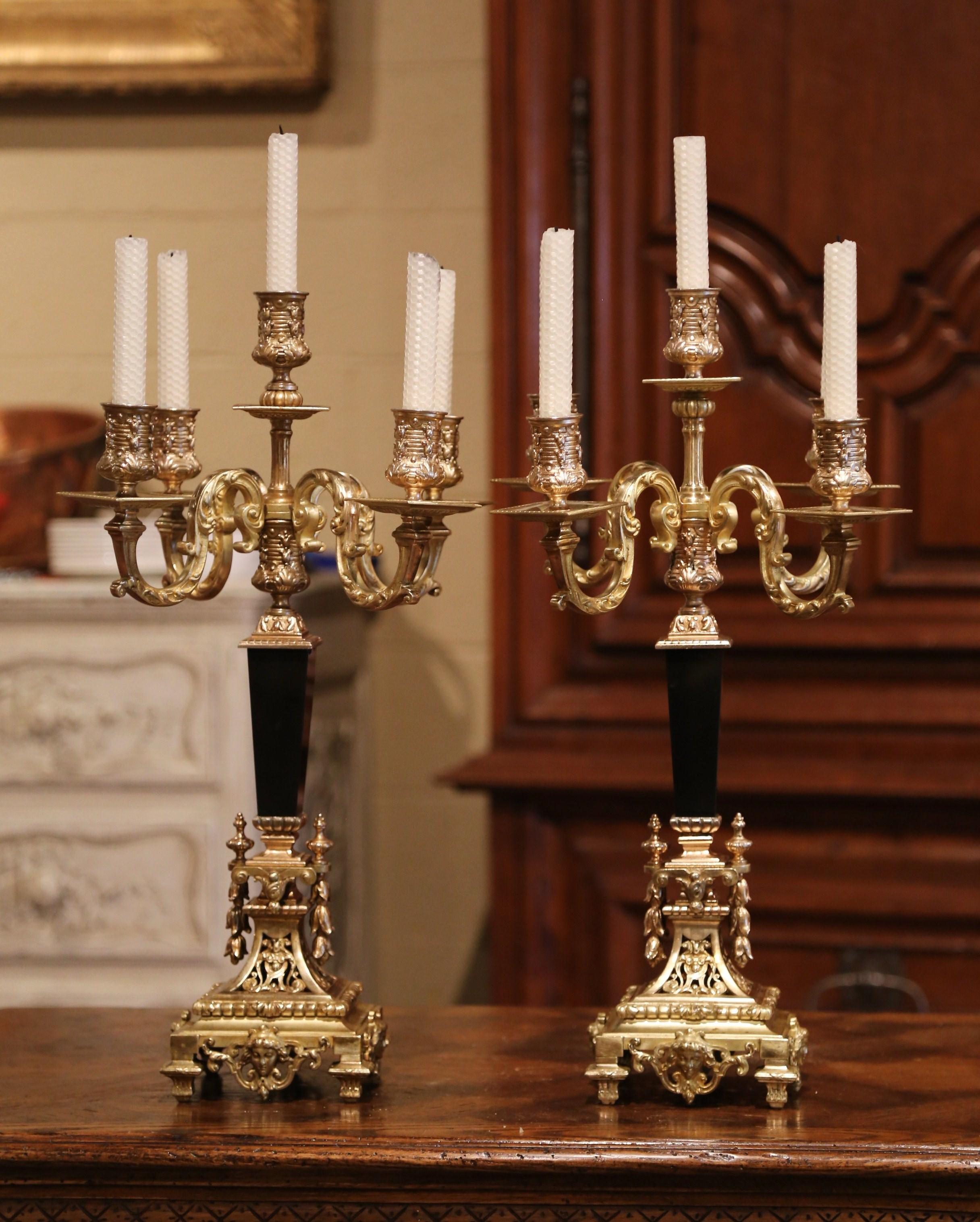 Napoleon III Pair of 19th Century French Bronze Dore and Black Marble Five-Arm Candelabras