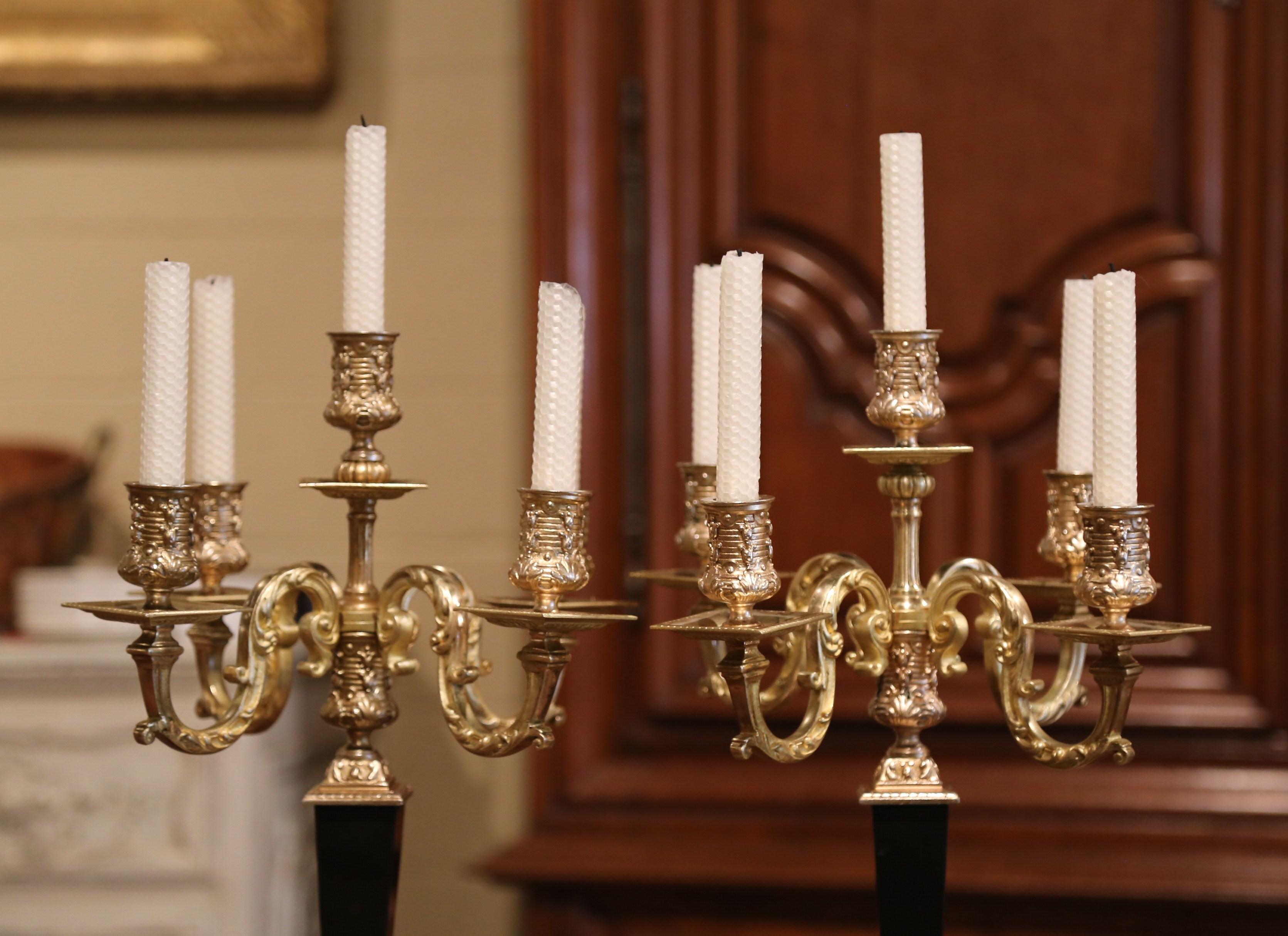 Gilt Pair of 19th Century French Bronze Dore and Black Marble Five-Arm Candelabras