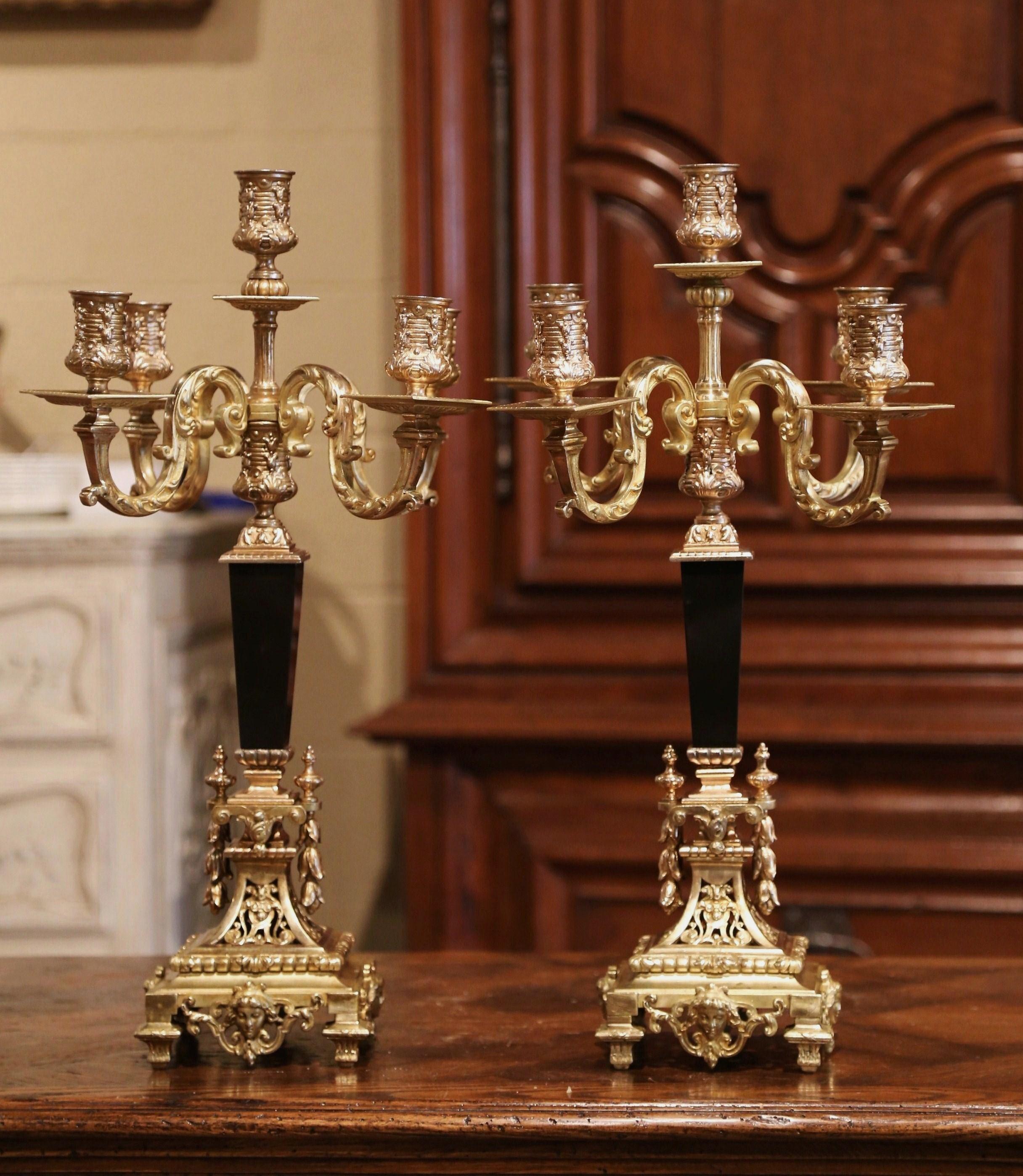 Pair of 19th Century French Bronze Dore and Black Marble Five-Arm Candelabras In Excellent Condition In Dallas, TX