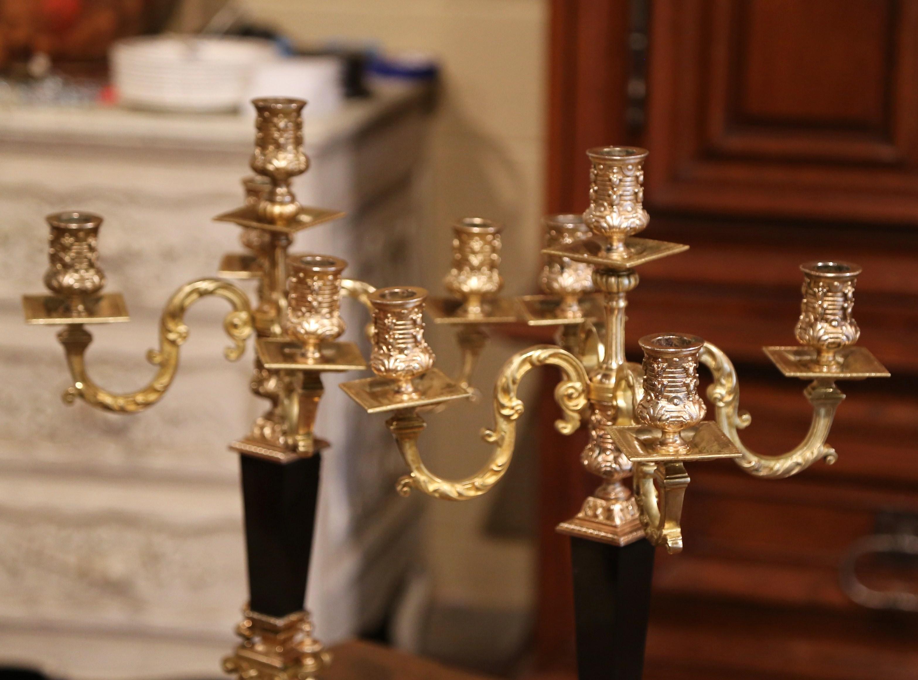 Pair of 19th Century French Bronze Dore and Black Marble Five-Arm Candelabras 1