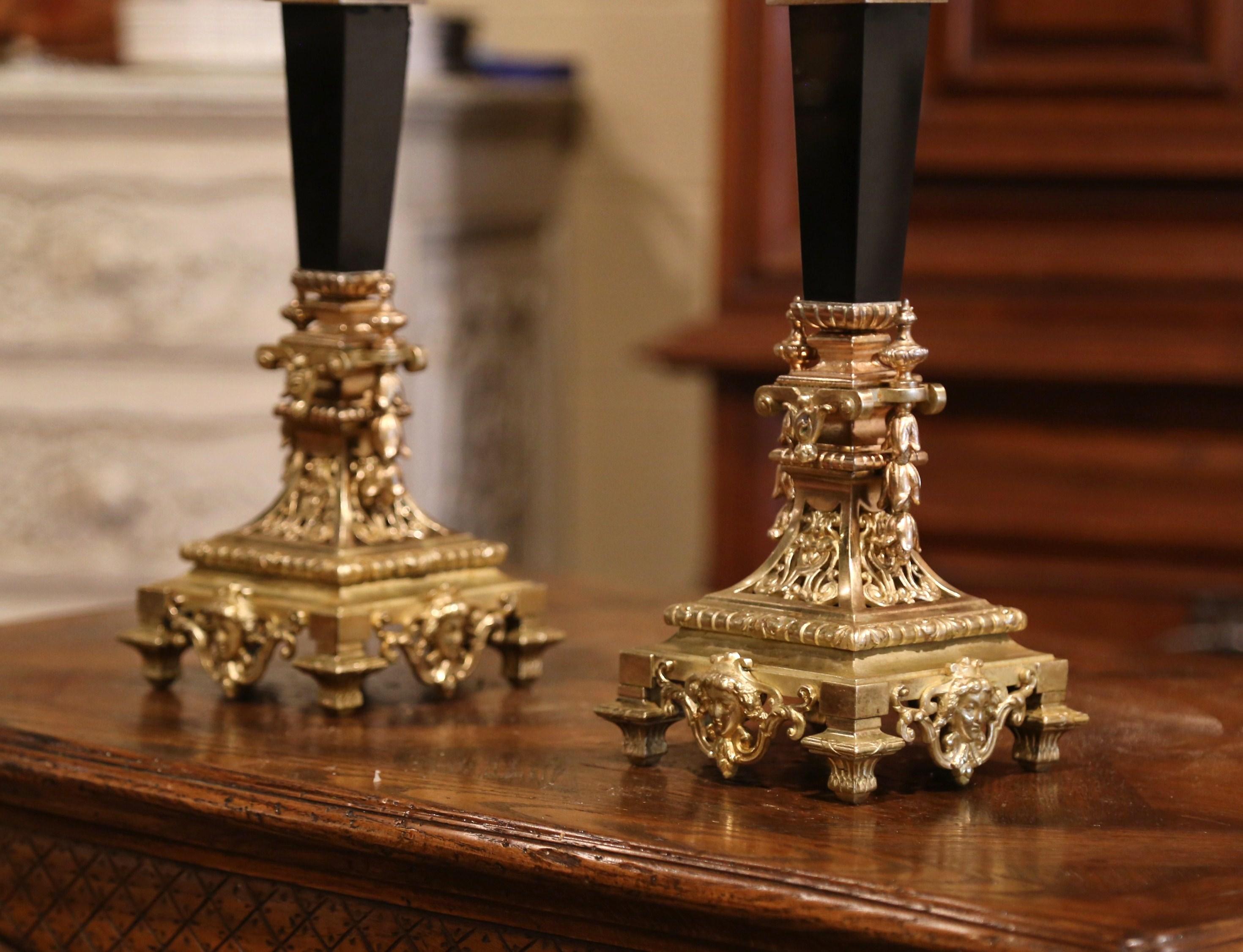 Pair of 19th Century French Bronze Dore and Black Marble Five-Arm Candelabras 2