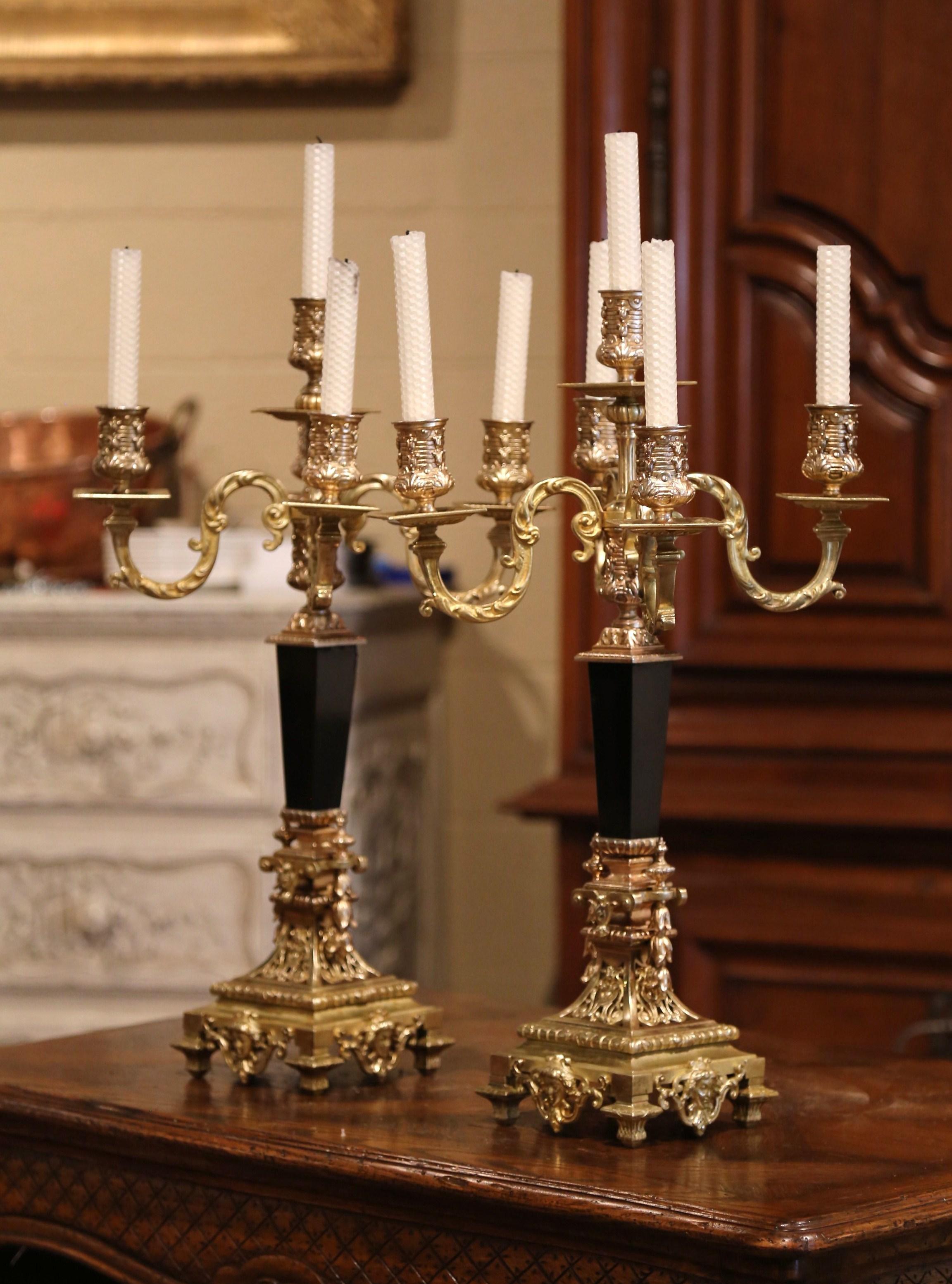 Pair of 19th Century French Bronze Dore and Black Marble Five-Arm Candelabras 3