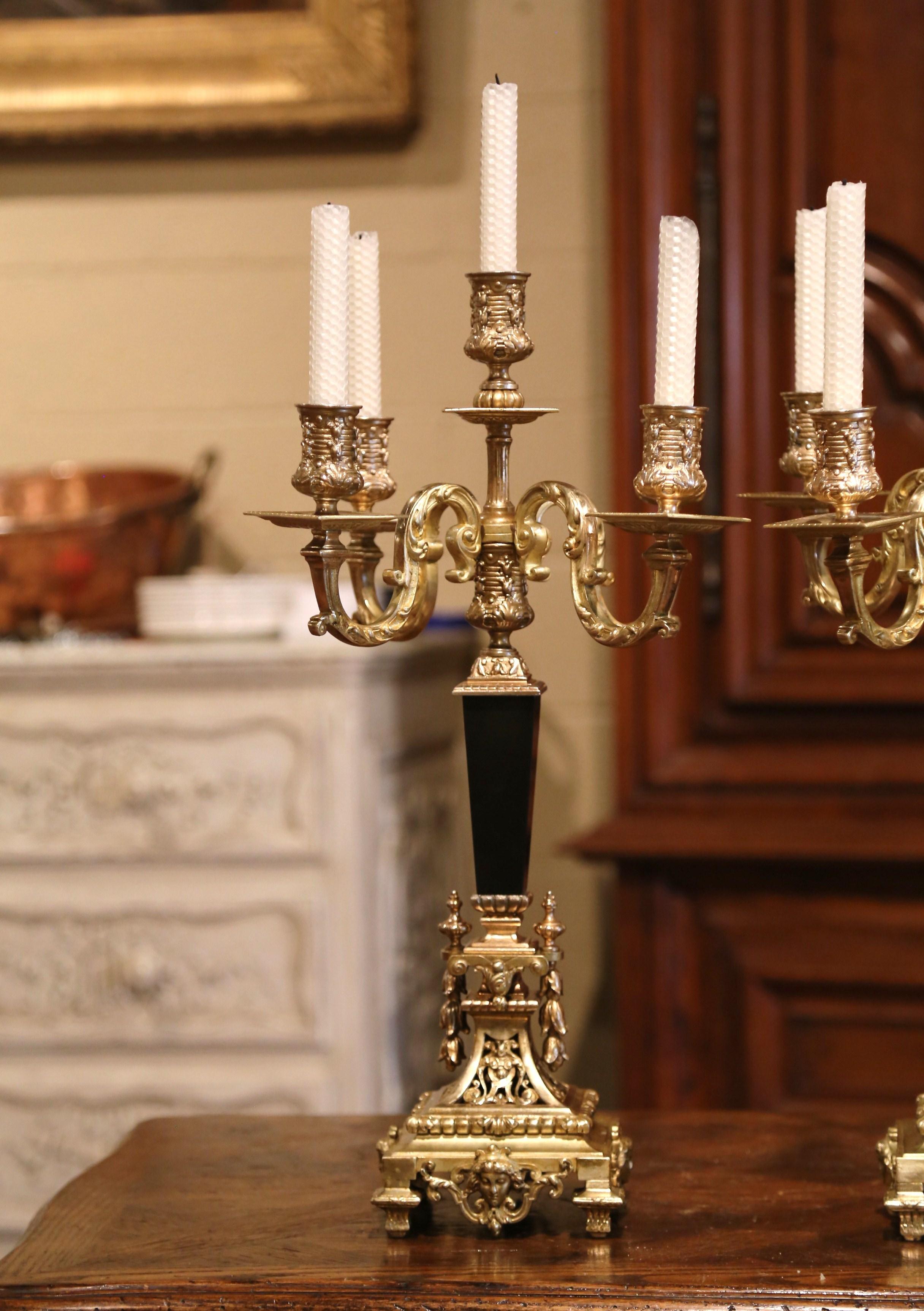 Pair of 19th Century French Bronze Dore and Black Marble Five-Arm Candelabras 4