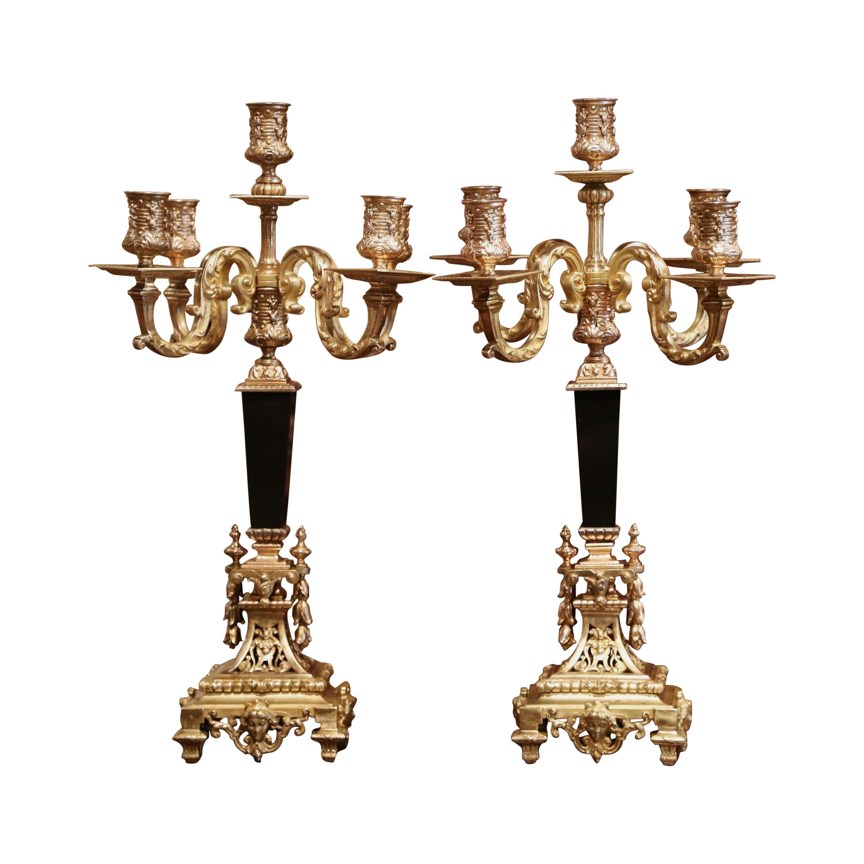 Pair of 19th Century French Bronze Dore and Black Marble Five-Arm Candelabras