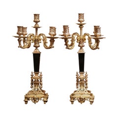 Pair of 19th Century French Bronze Dore and Black Marble Five-Arm Candelabras