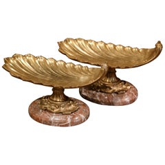 Pair of 19th Century French Bronze Dore and Marble Dishes with Shell Decor