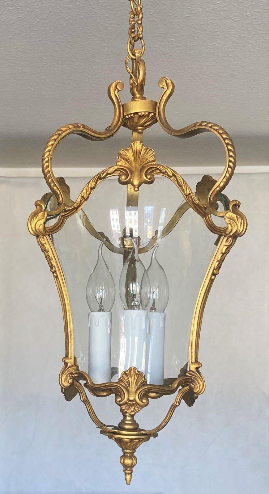 Pair of  French Art Deco Arched Crystal Gilt Bronze Three-Light Lanterns 2