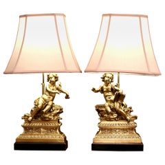 Pair of 19th Century French Bronze Doré Table Lamps with Cherub Figures