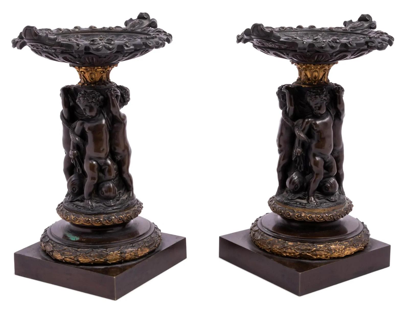 Pair of 19th Century French Bronze Figural Tazza In Good Condition For Sale In Salt Lake City, UT